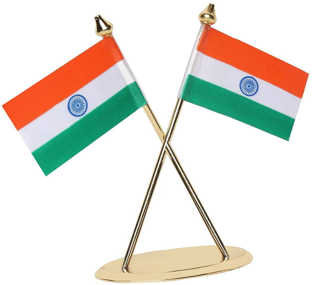 VOILA Indian Flag for Vehicle (Auto,Car,Bus,Truck) Dashboard and Office Table Premium Brass Round Base