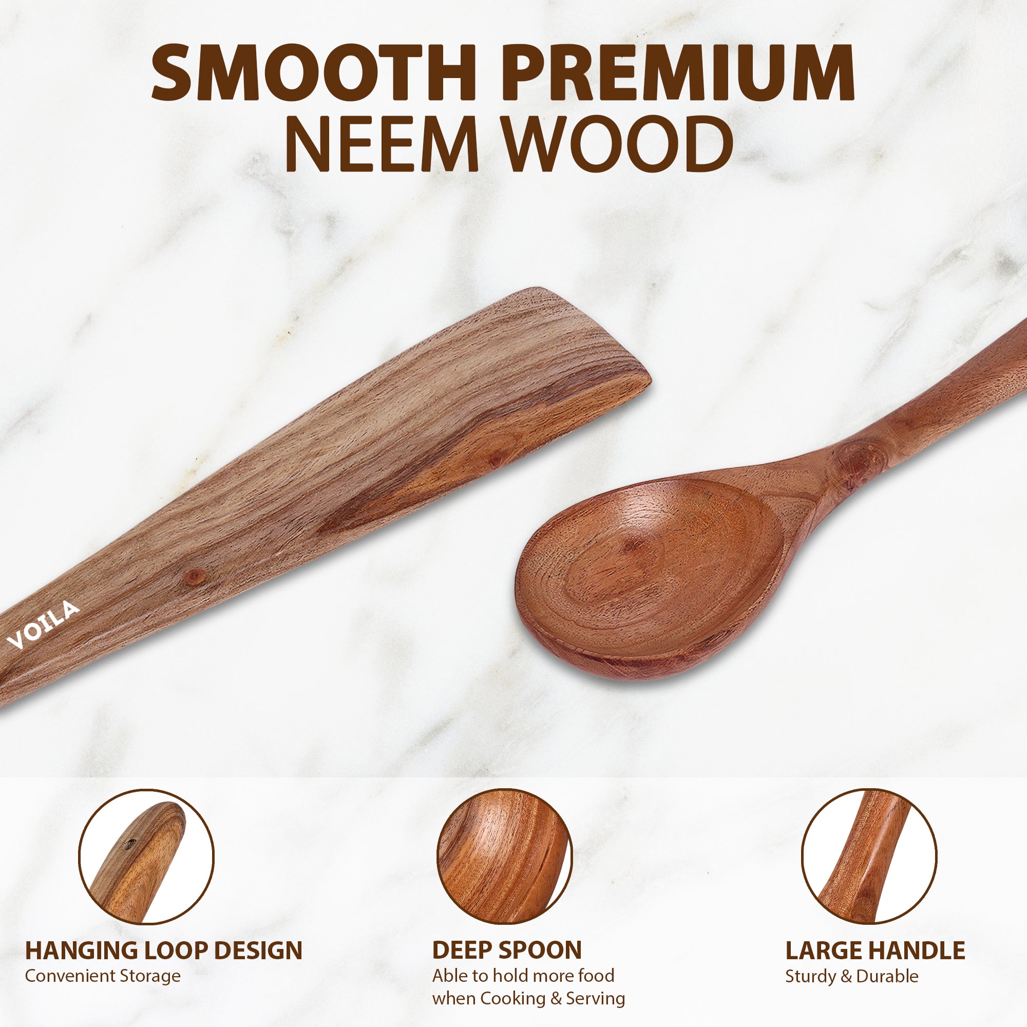 HOMIVA Neem Wood Spatula 2-Pcs Set, Non-Stick Safe Cooking Utensils for a Healthy Kitchen (Fish Spatula & Wooden Spoon Spatula)
