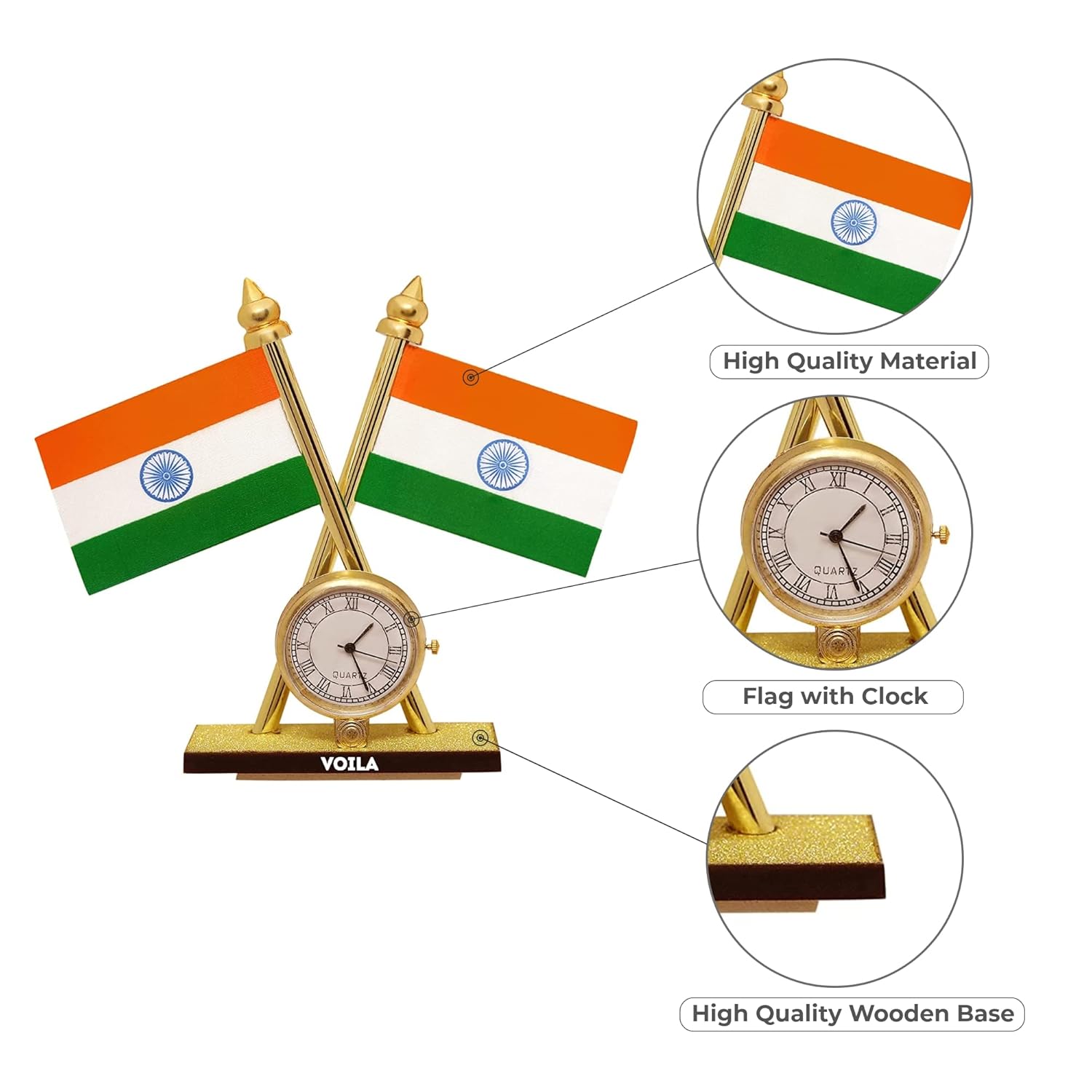 VOILA Indian Flag with Clock for Vehicle (Auto, Car, Bus, Truck) Dashboard, Home and Office Decor