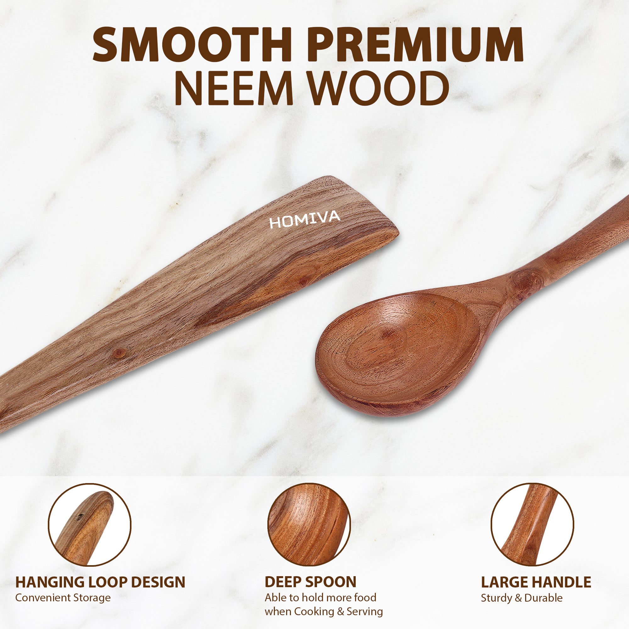 HOMIVA Neem Wood Spatula 2-Pcs Set, Non-Stick Safe Cooking Utensils for a Healthy Kitchen (Fish Spatula & Wooden Spoon Spatula)