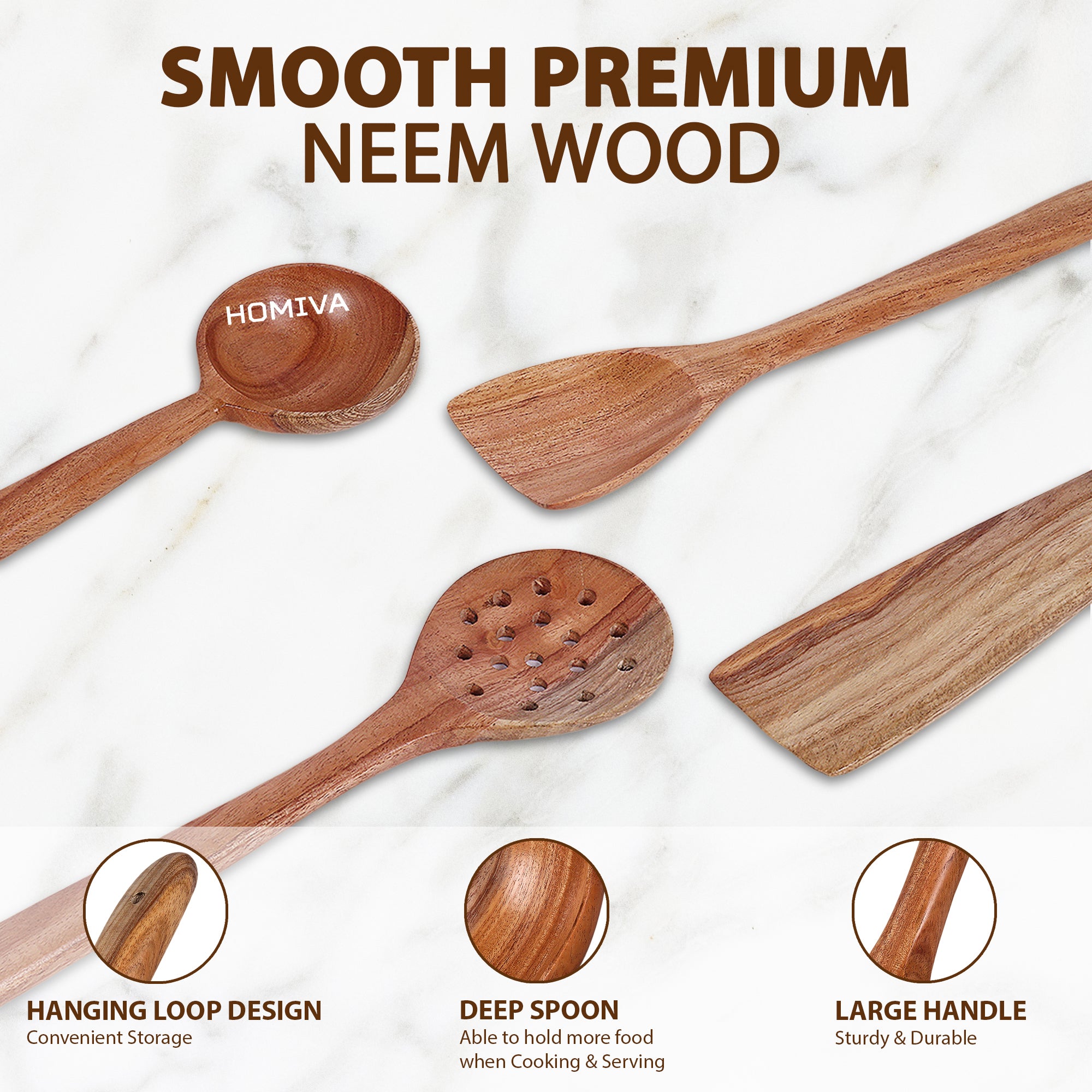 HOMIVA Neem Wood Cooking Utensil 4-Pcs Set. Non-Stick, Kitchen Tools (Fish Spatula,Scraping Spatula ,Slotted spatula,Spoon spatula)