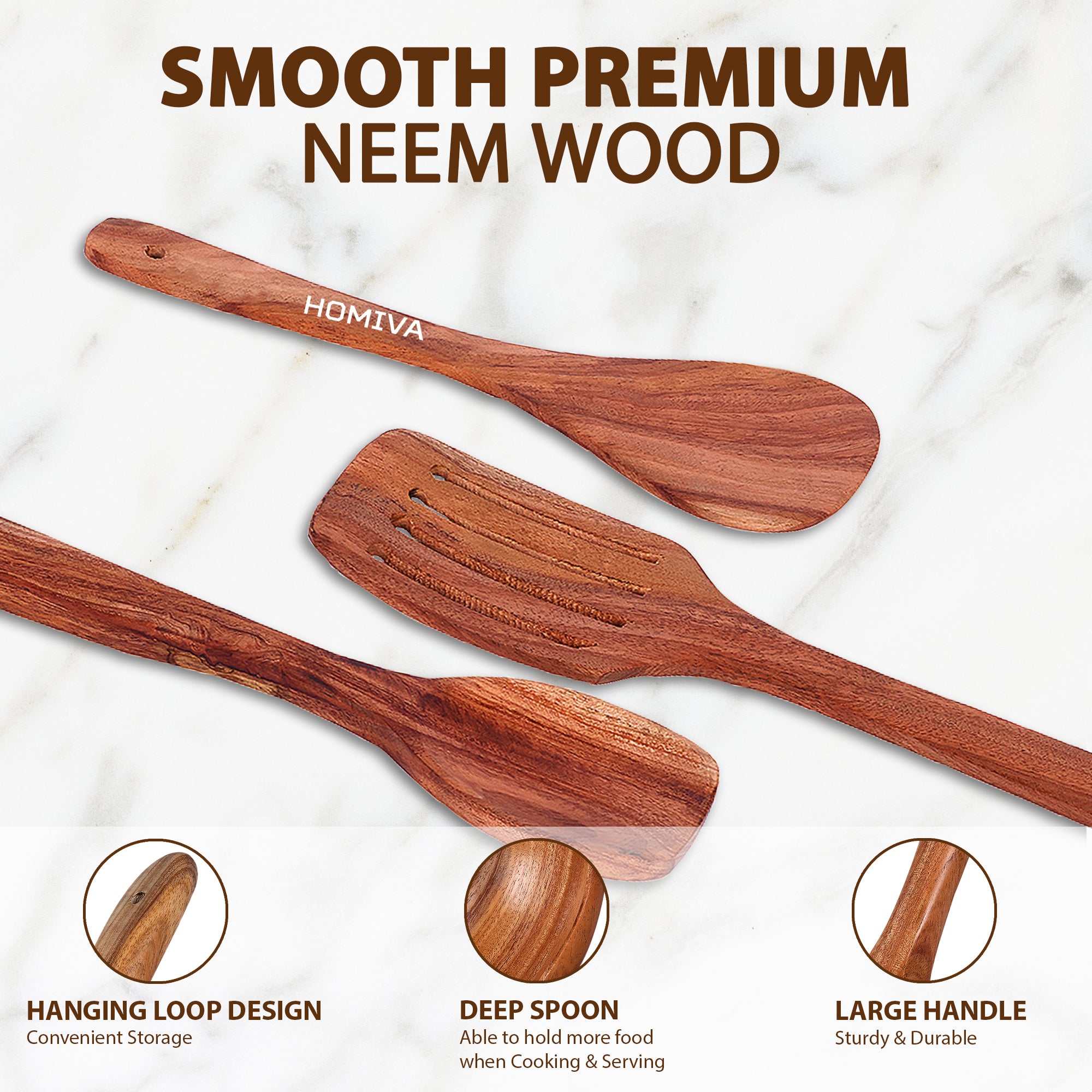 HOMIVA Neem Wood Spatula 3 Pcs Set, Non-Stick Safe Cooking Utensils (Wooden spoon, Slotted Spatula ,Flat wooden spatula)