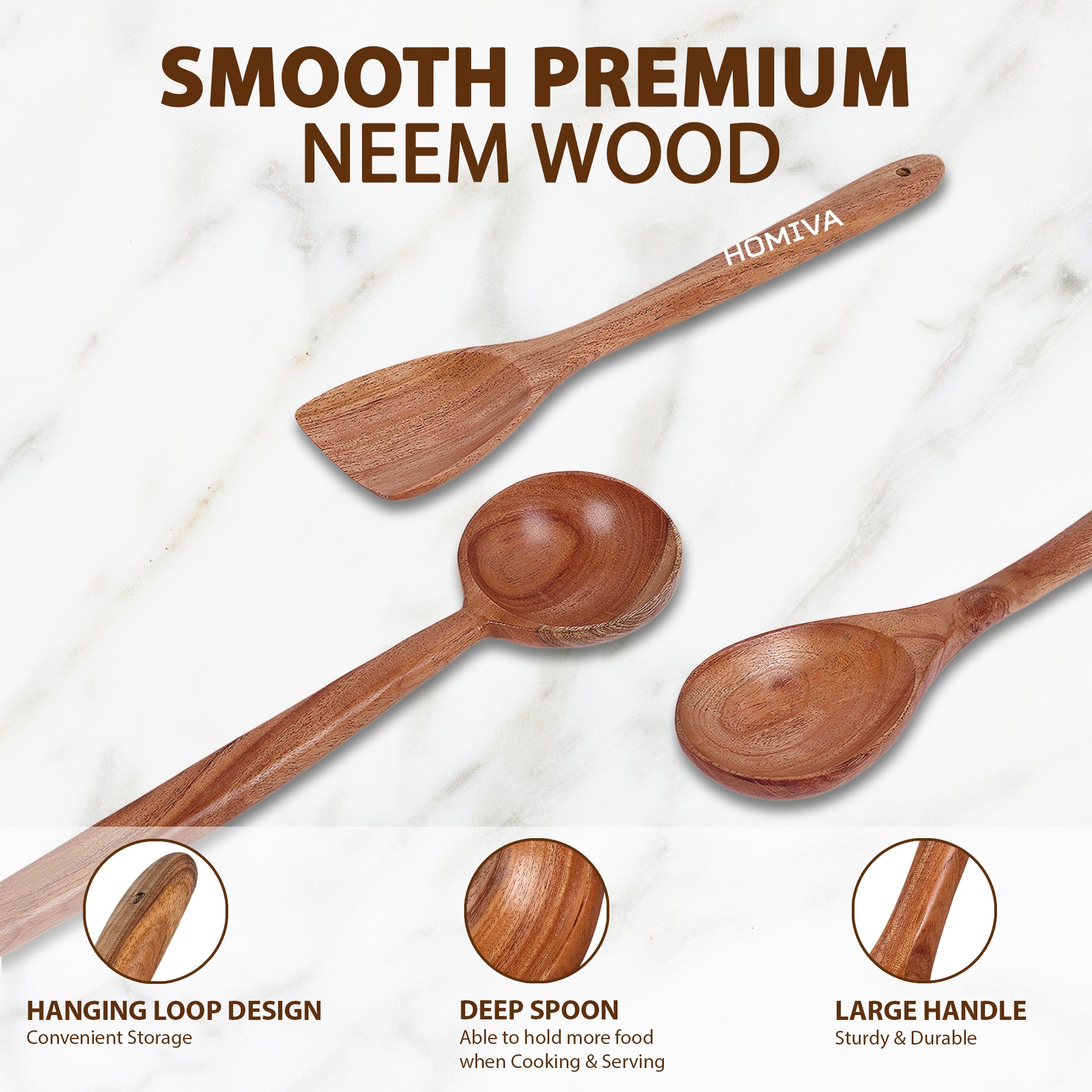 HOMIVA Neem Wood Spatula 3-Pcs Set, Non-Stick Safe Cooking Utensils for a Healthy Kitchen(Scraping Spatula, Wooden Spoon & Soup Spatula)
