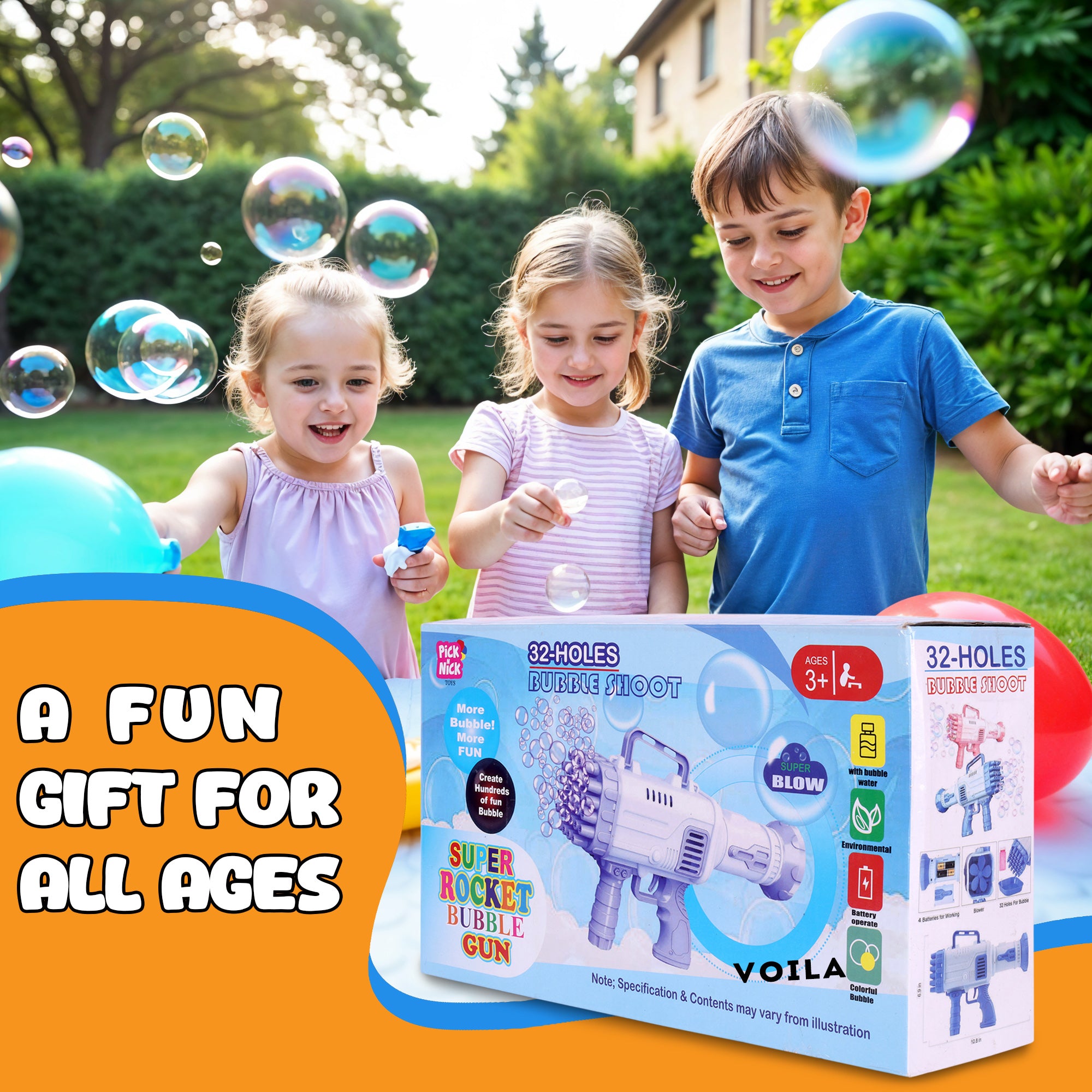 VOILA 32 - Hole Gatling Bubble Gun – Fun Bubble Launcher Toy for Kids, Toddlers, Boys & Girls