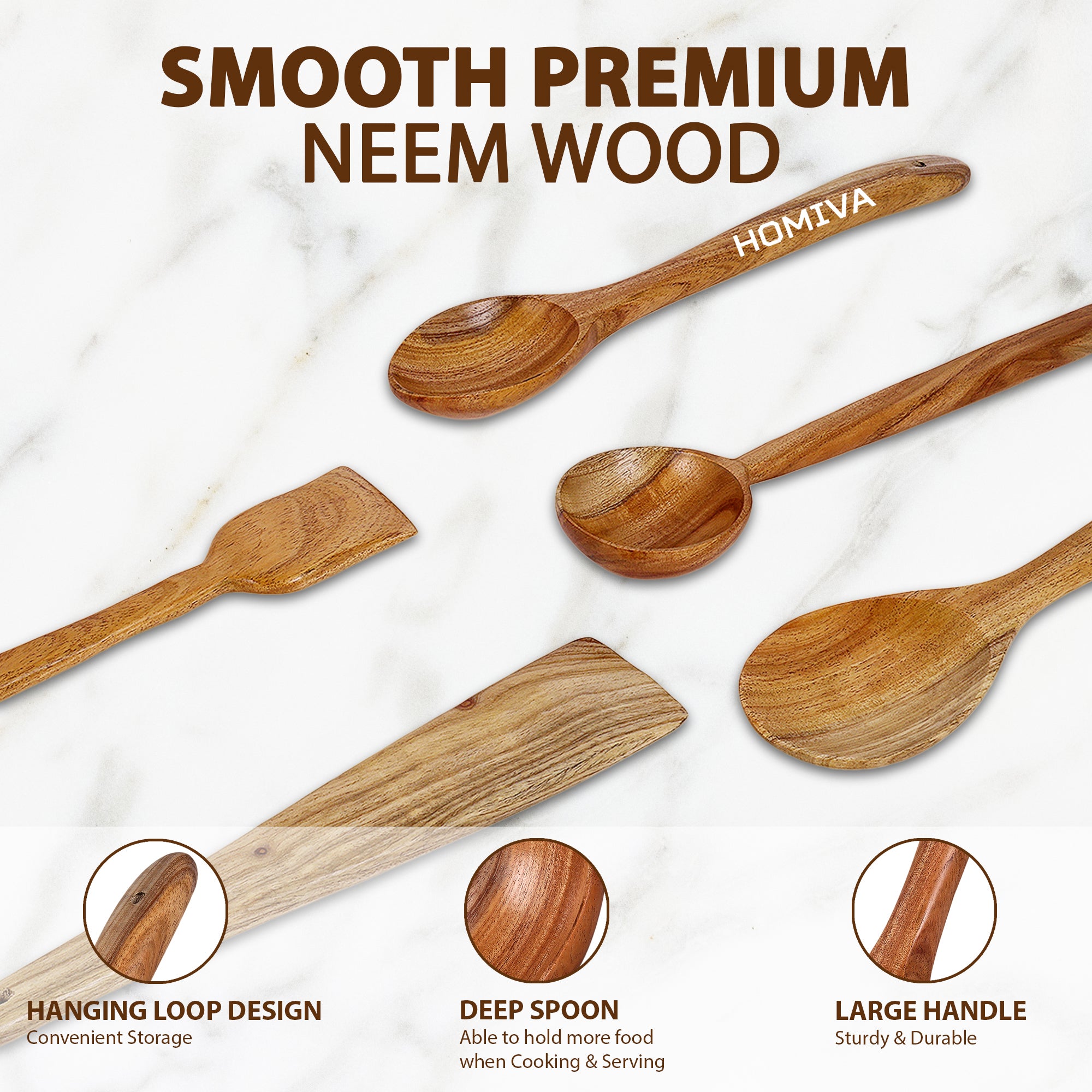 HOMIVA Neem Wood Spatula 5 Pcs Set, Non-Stick Safe Cooking Utensils – (Fish Spatula, Turner, Wooden Spoon Spatula, Serving Spatula & Soup Spatula)