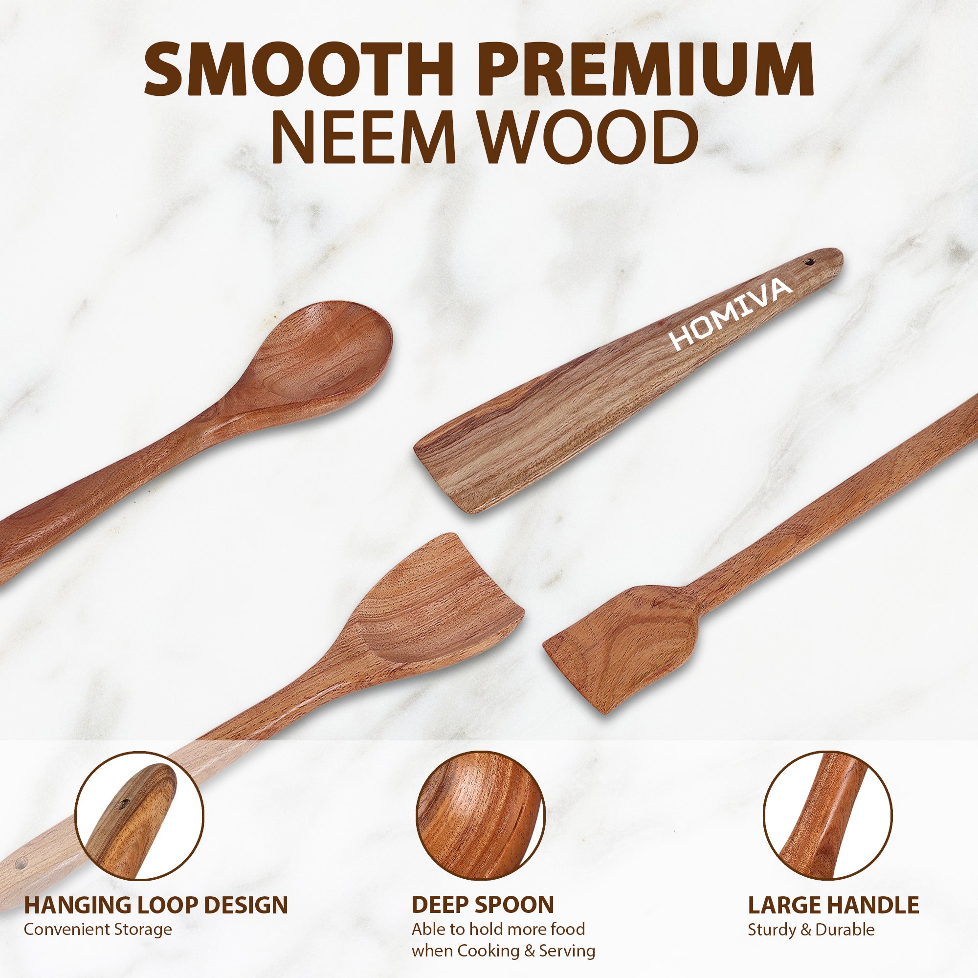 HOMIVA Neem Wood Cooking Utensil 4-Pcs Set, Non-Stick, Kitchen Tools (Fish Spatula, Scraping Spatula,Turner,Wooden Spoon Spatula)
