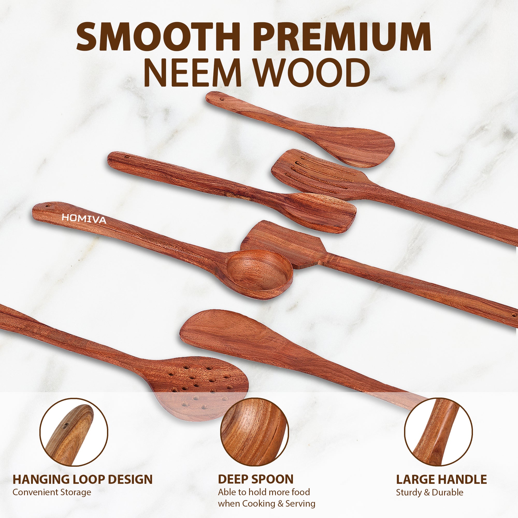 HOMIVA Neem Wood Spatula 7-Pcs Set, Non-Stick Safe Cooking Utensils (Serving Spoon, Mixing Spoon ,Soup Ladle, Stirring Spatula, Slotted Spoon & Serving Spatula)