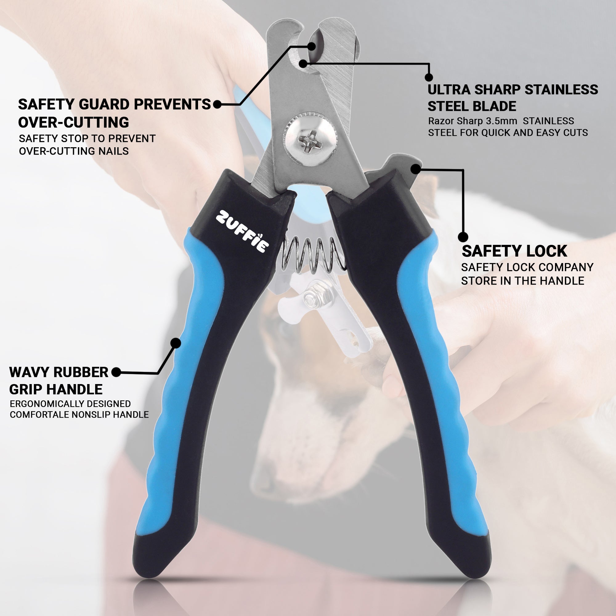 ZUFFIE Pet Nail Clipper & File for Dogs & Cats – Safe, Easy Grooming Tool Set - Blue and Black