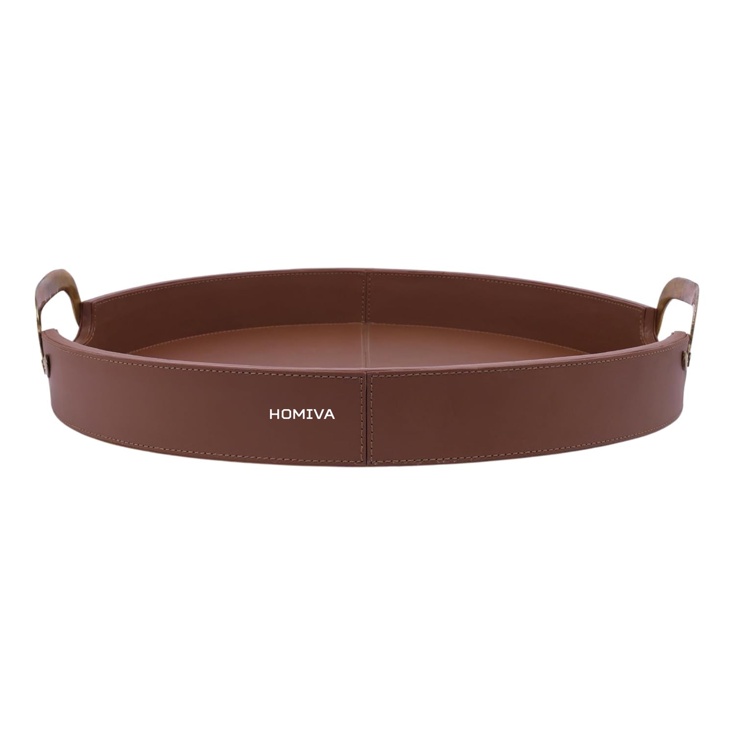 HOMIVA Round Leatherette Serving Tray with Brass Handles - Brown