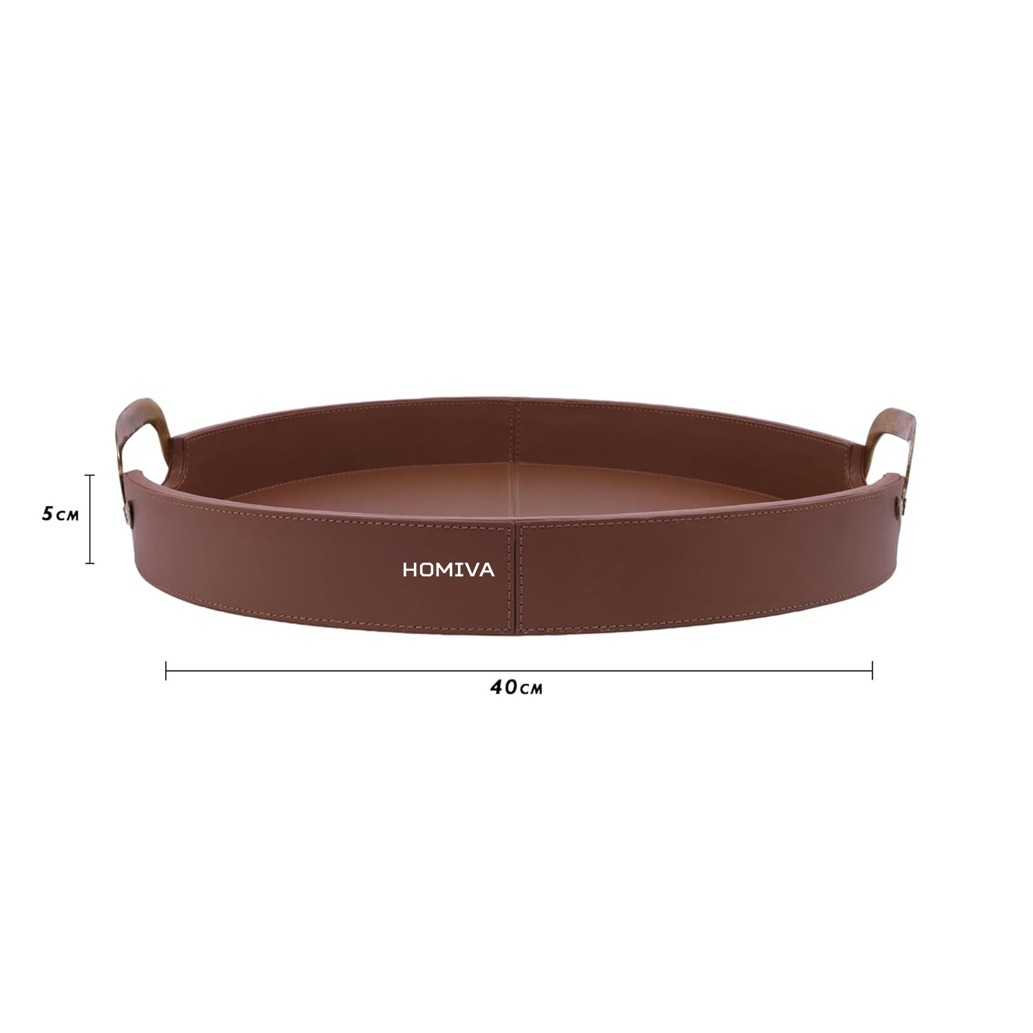 HOMIVA Round Leatherette Serving Tray with Brass Handles - Brown