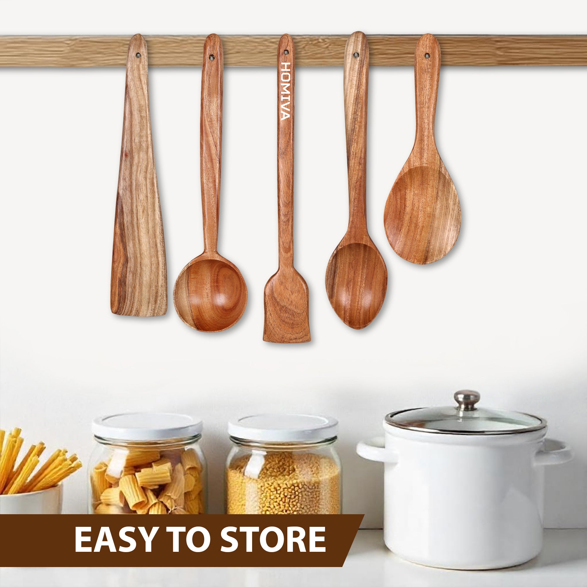 HOMIVA Neem Wood Spatula 5 Pcs Set, Non-Stick Safe Cooking Utensils – (Fish Spatula, Turner, Wooden Spoon Spatula, Serving Spatula & Soup Spatula)