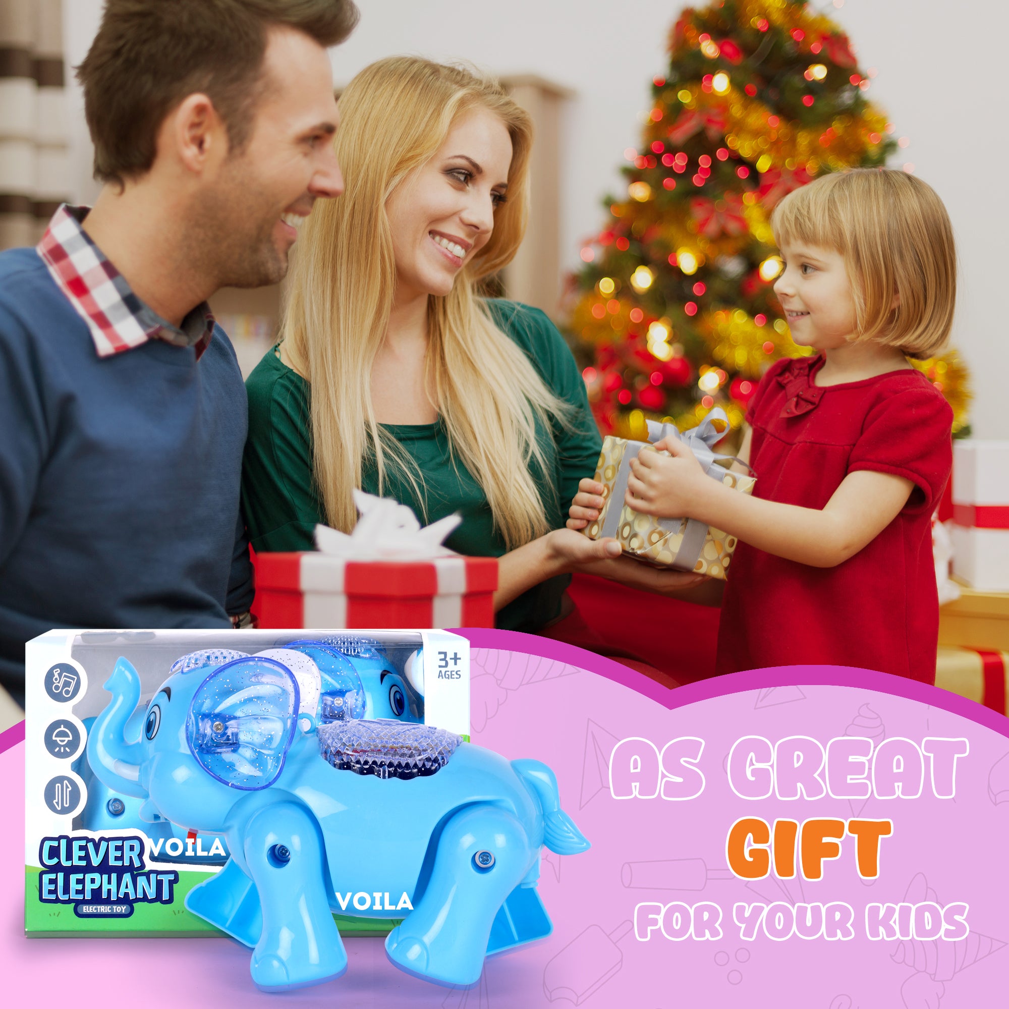 VOILA Baby Elephant Musical Crawling Toy with Lights, Sound,Toddler Toys,for Kids Boys & Girls(Blue)