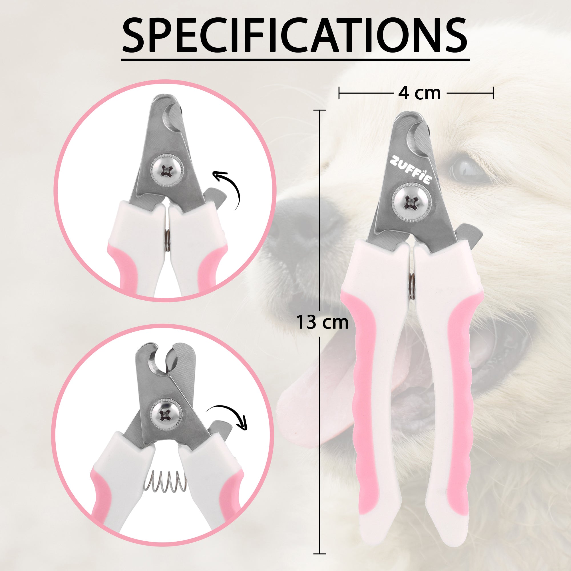 ZUFFIE Pet Nail Clipper & File for Dogs & Cats – Safe, Easy Grooming Tool Set - Pink and White