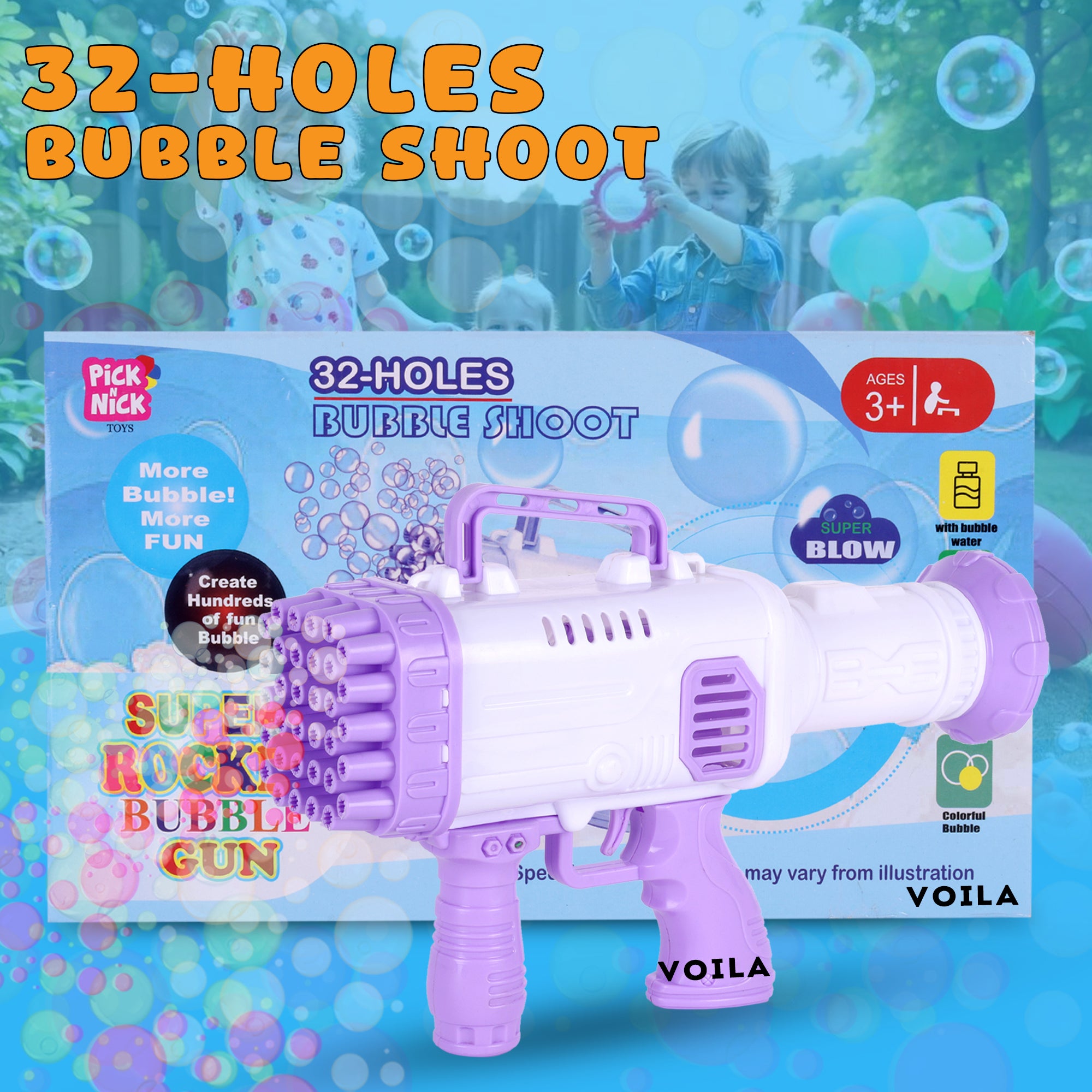 VOILA 32 - Hole Gatling Bubble Gun – Fun Bubble Launcher Toy for Kids, Toddlers, Boys & Girls