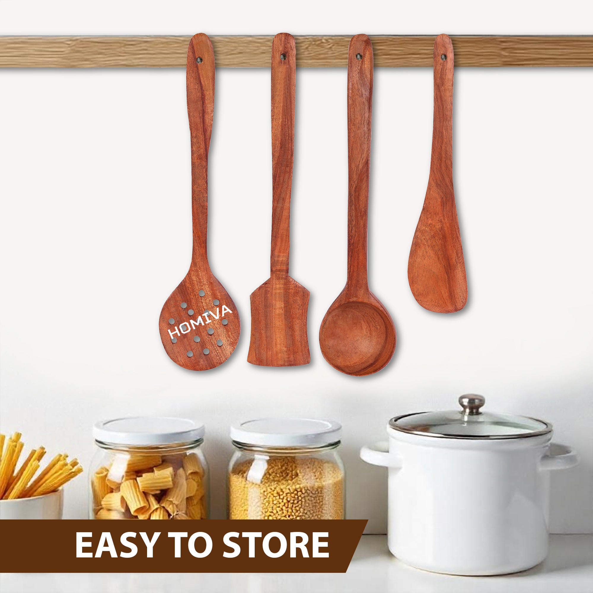 HOMIVA Neem Wood Cooking Utensil 4-Pcs Set, Non-Stick, Kitchen Tools (Slotted Turner, Flat Spatula, Ladle, Stirring Spoon)