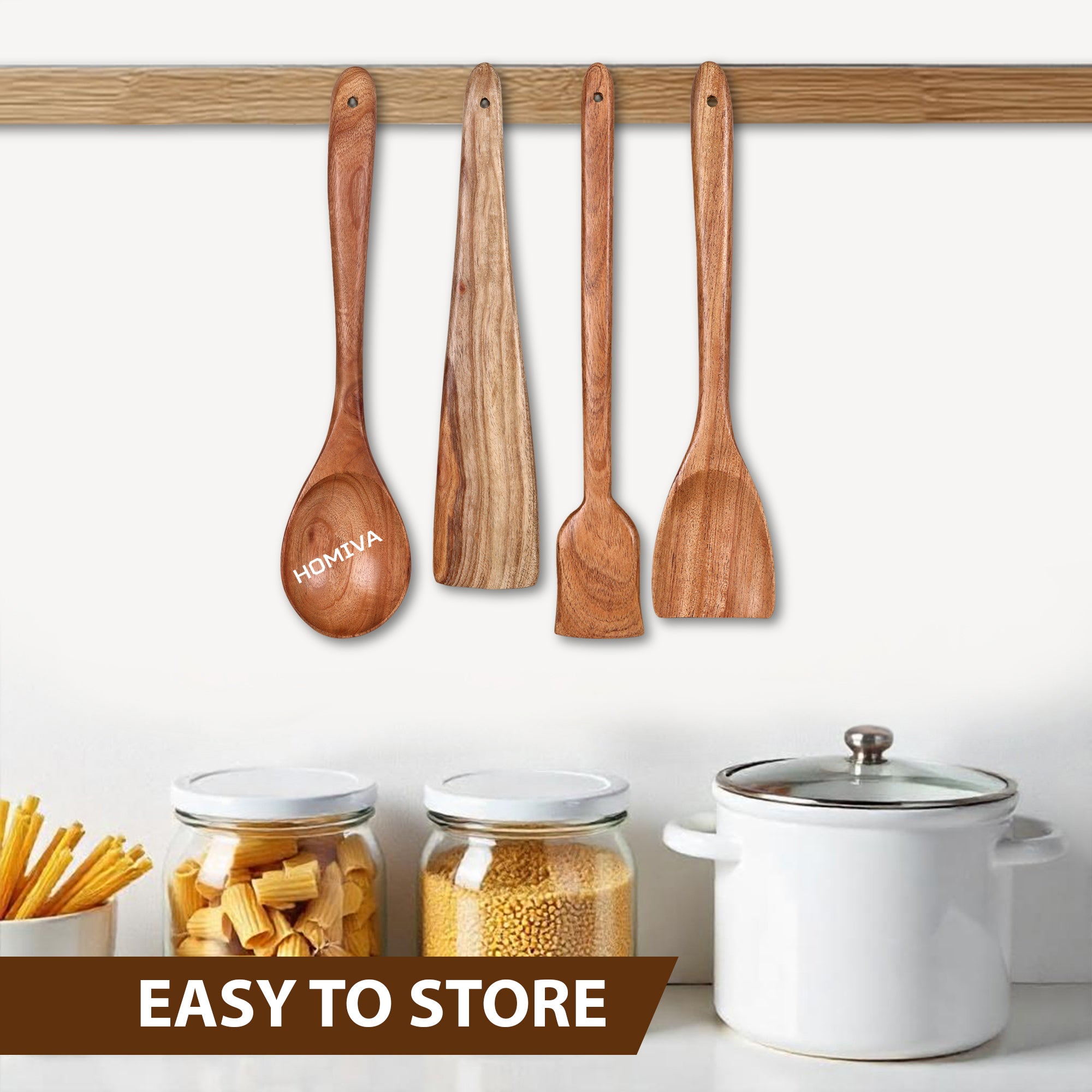 HOMIVA Neem Wood Cooking Utensil 4-Pcs Set, Non-Stick, Kitchen Tools (Fish Spatula, Scraping Spatula,Turner,Wooden Spoon Spatula)