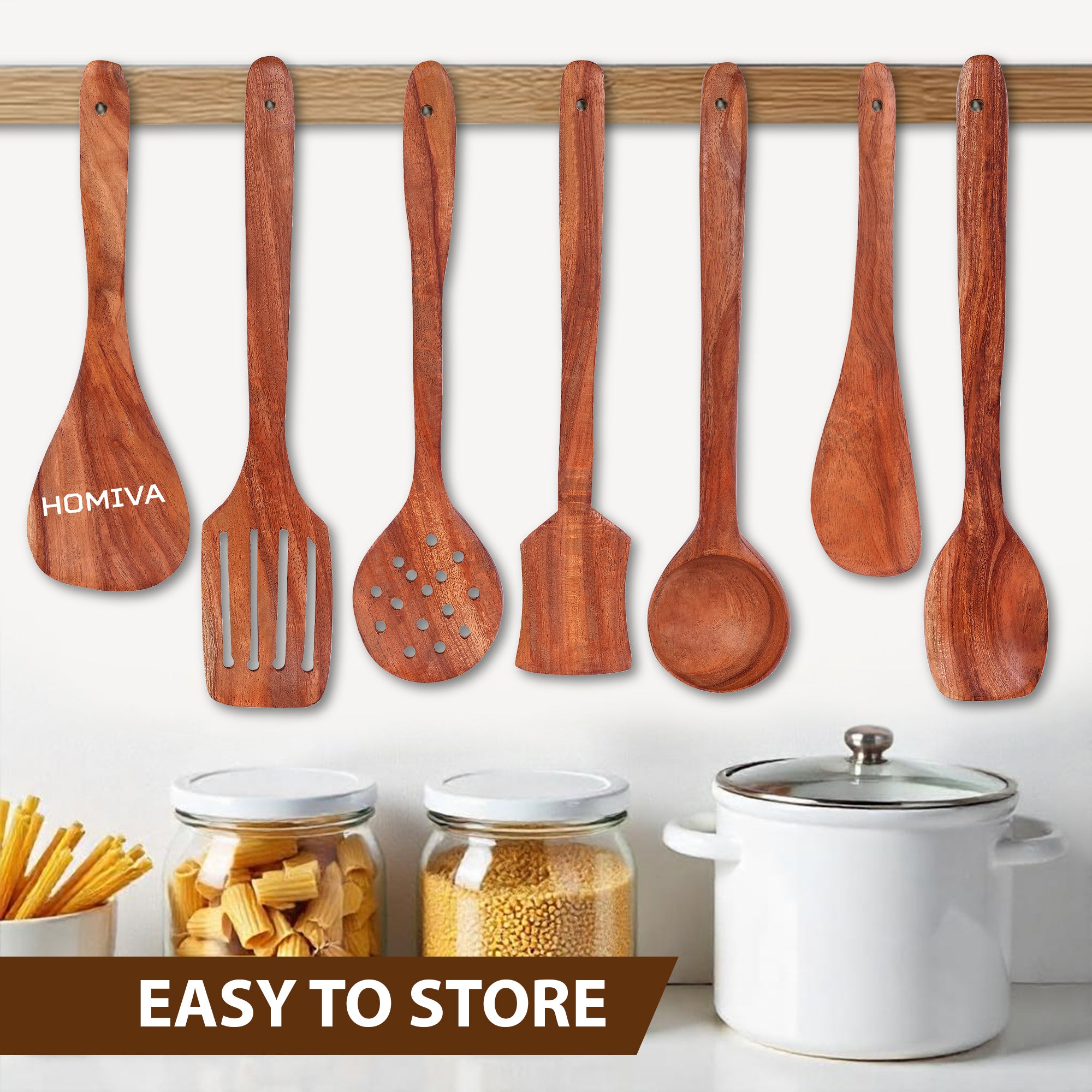 HOMIVA Neem Wood Spatula 7-Pcs Set, Non-Stick Safe Cooking Utensils (Serving Spoon, Mixing Spoon ,Soup Ladle, Stirring Spatula, Slotted Spoon & Serving Spatula)