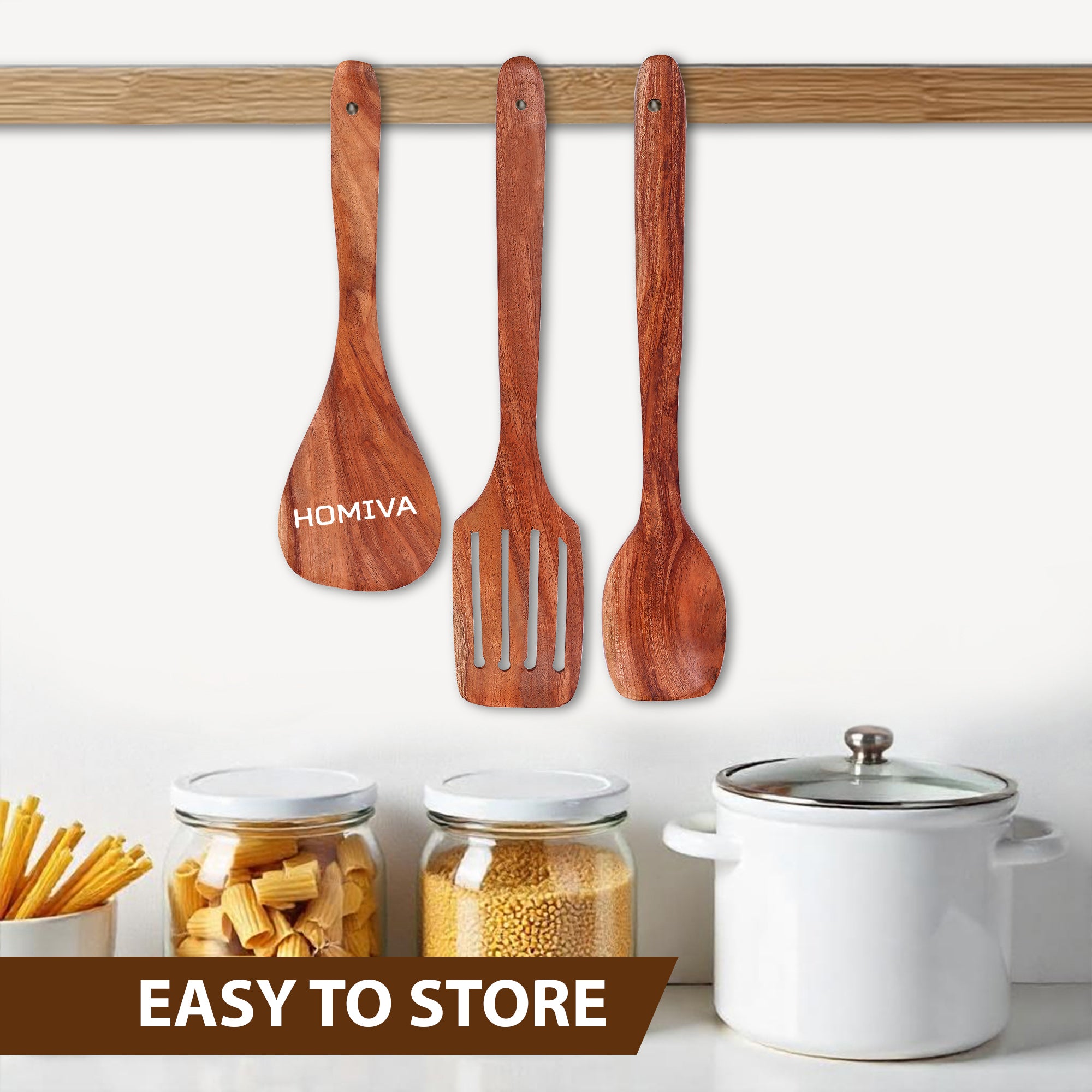 HOMIVA Neem Wood Spatula 3 Pcs Set, Non-Stick Safe Cooking Utensils (Wooden spoon, Slotted Spatula ,Flat wooden spatula)