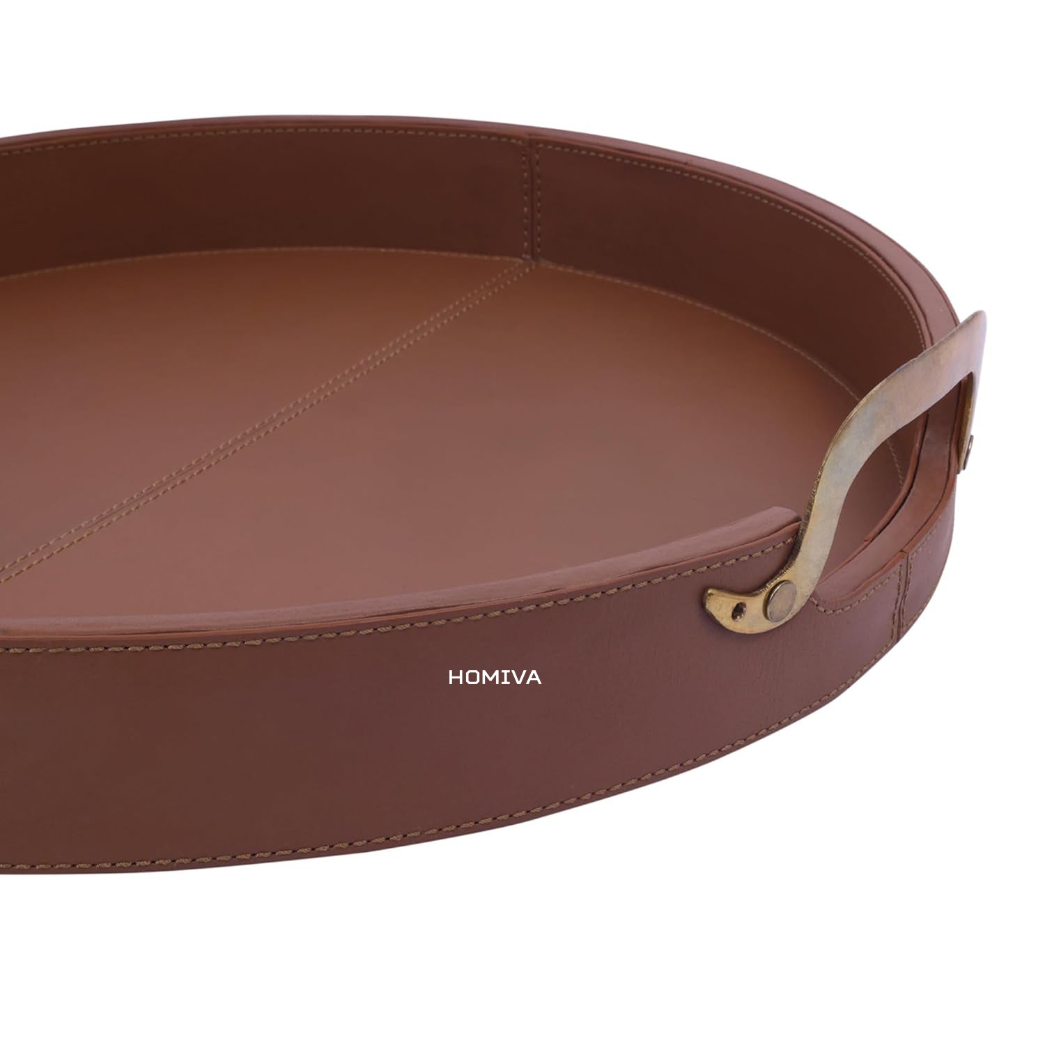 HOMIVA Round Leatherette Serving Tray with Brass Handles - Brown