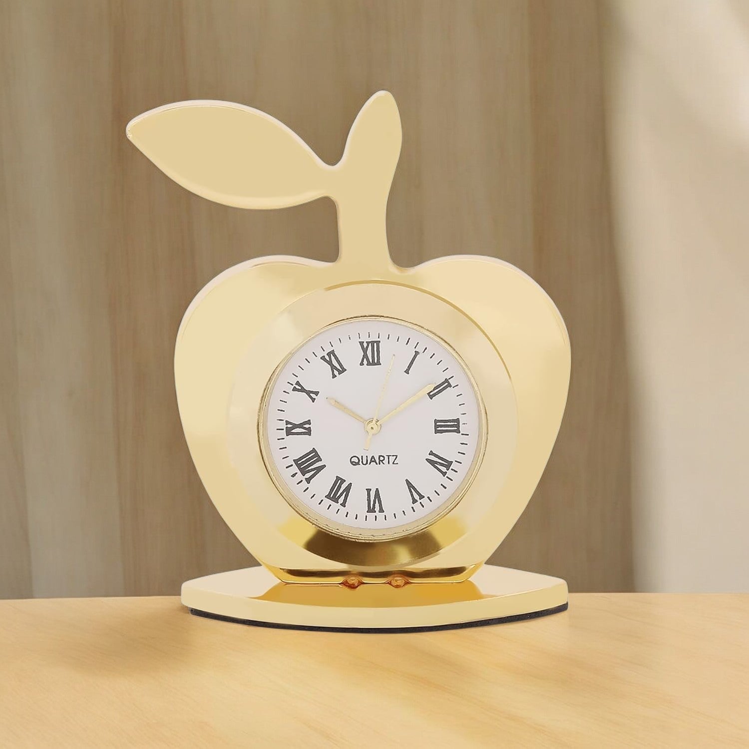 VOILA Premium Metal Gold Plated, Apple Shaped Analog Clock for Table, Car Dashboard