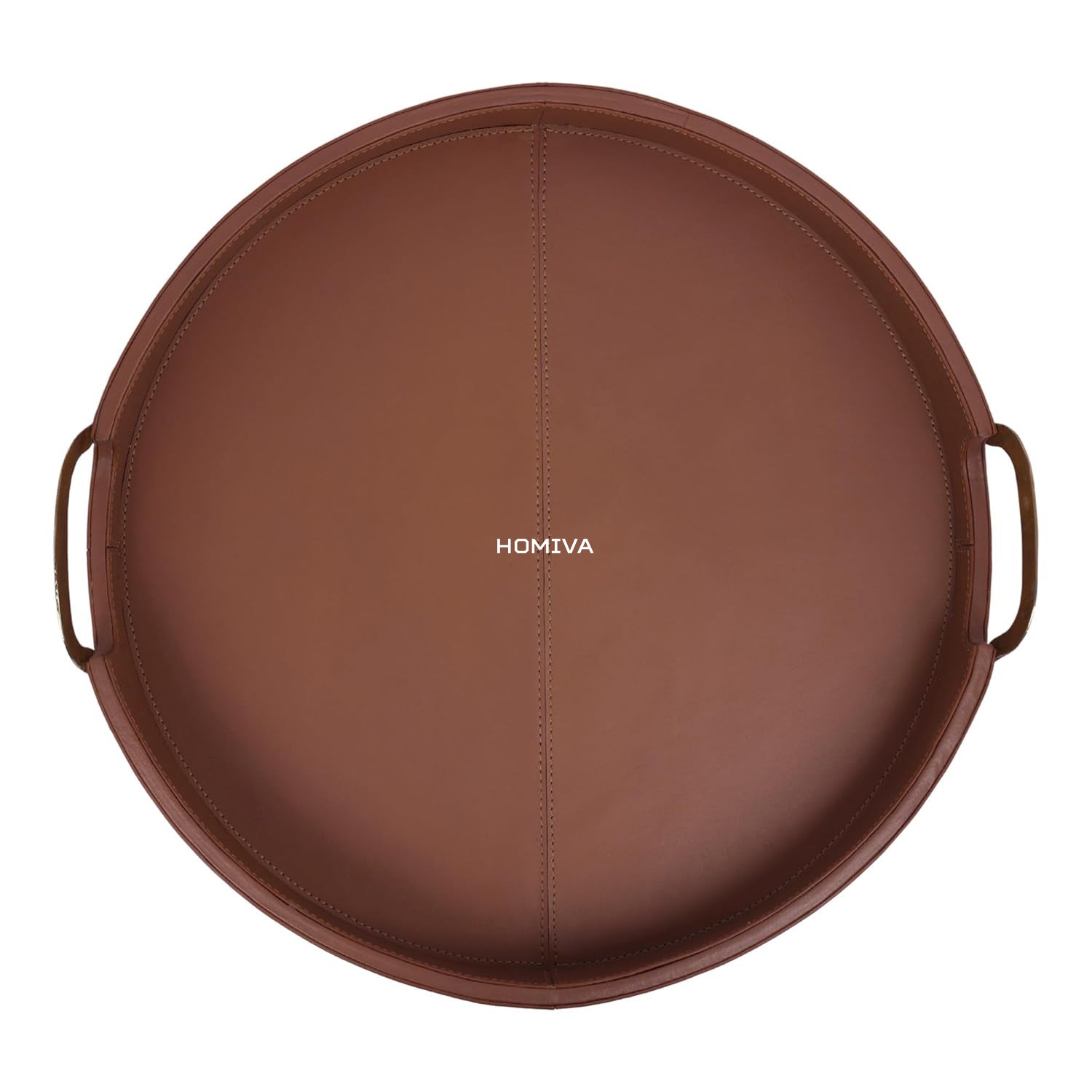 HOMIVA Round Leatherette Serving Tray with Brass Handles - Brown