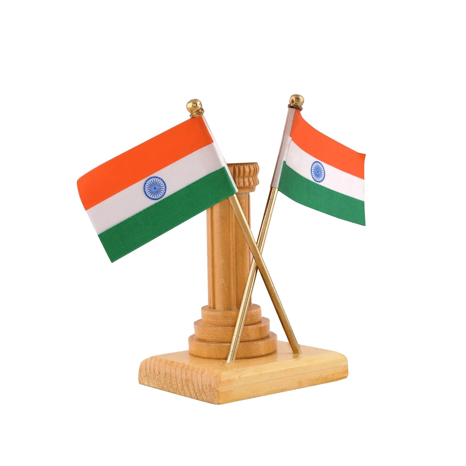 VOILA Unique Design Wooden Carved Pillar with Cross Design Flags for Home, Office and Car Dashboard