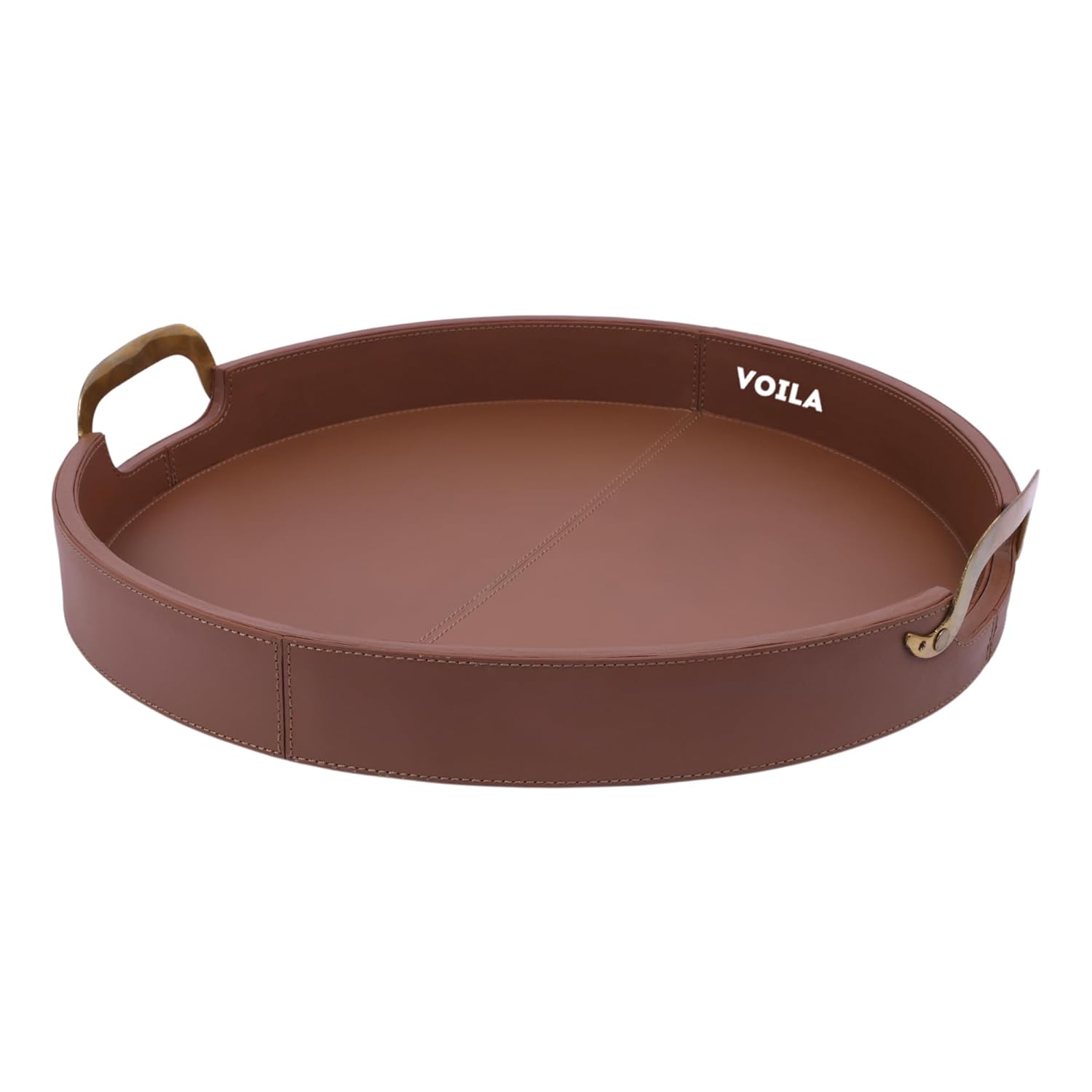 HOMIVA Round Leatherette Serving Tray with Brass Handles - Brown