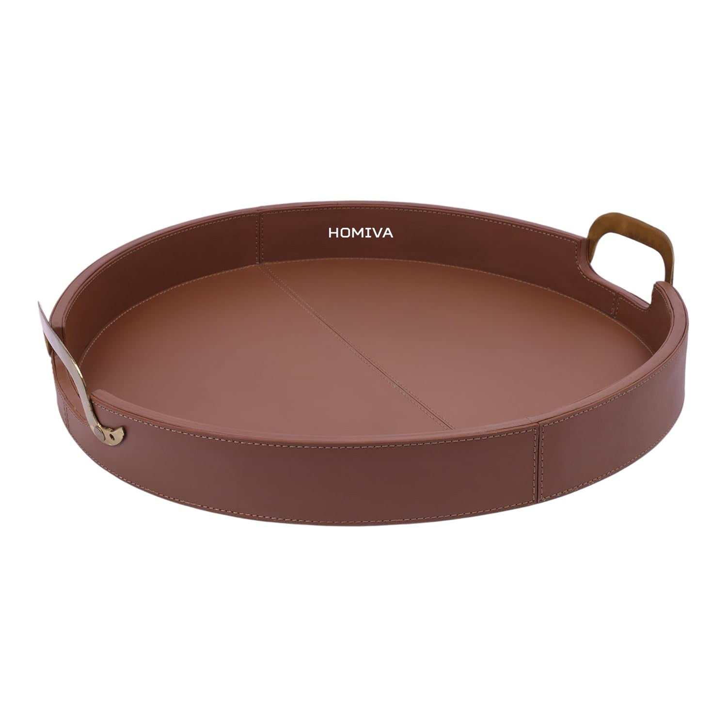 HOMIVA Round Leatherette Serving Tray with Brass Handles - Brown