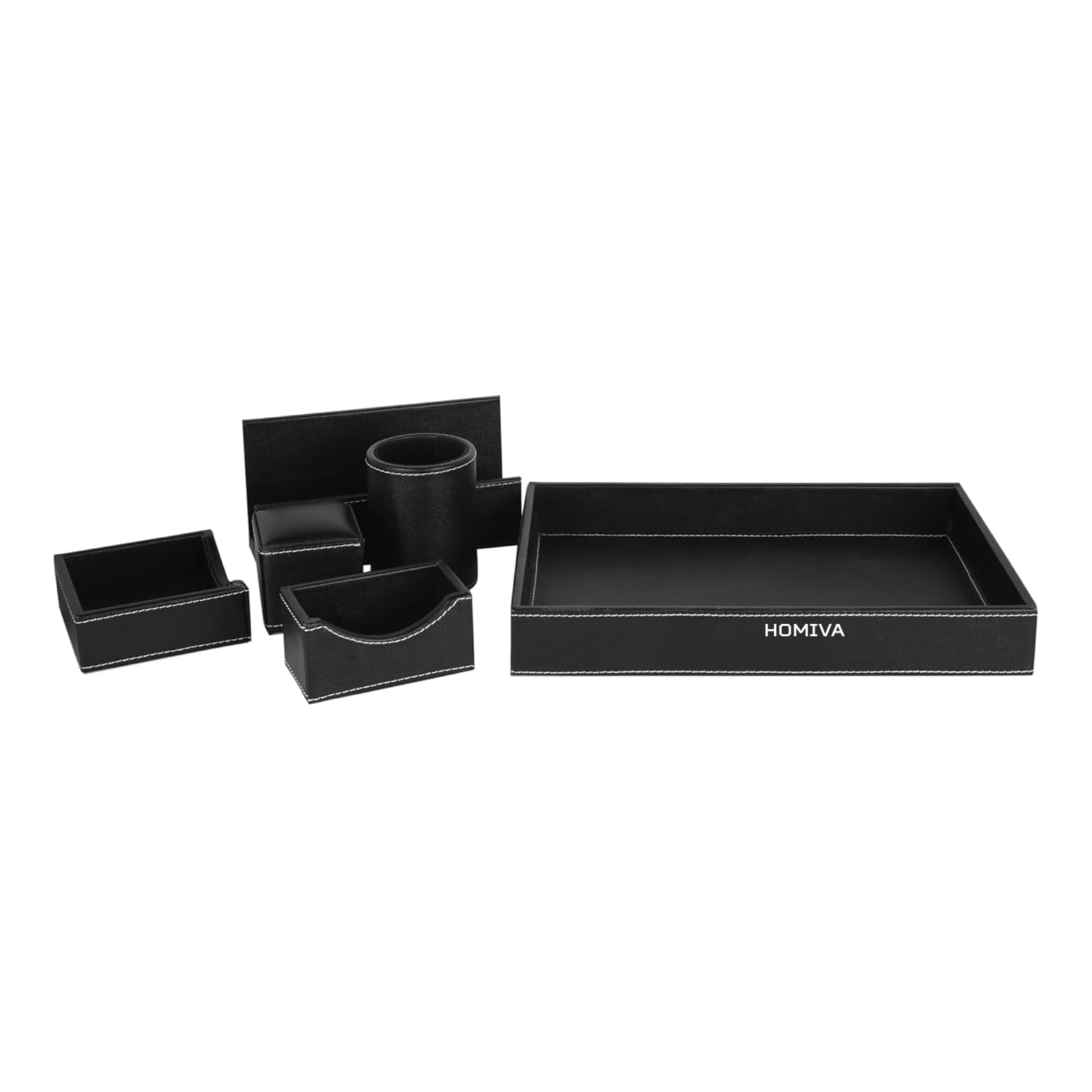 HOMIVA Round Leatherette Tray with 6-Piece Organizer Set – Elegant Serving & Organizing for Home, Office, and Dining Tables