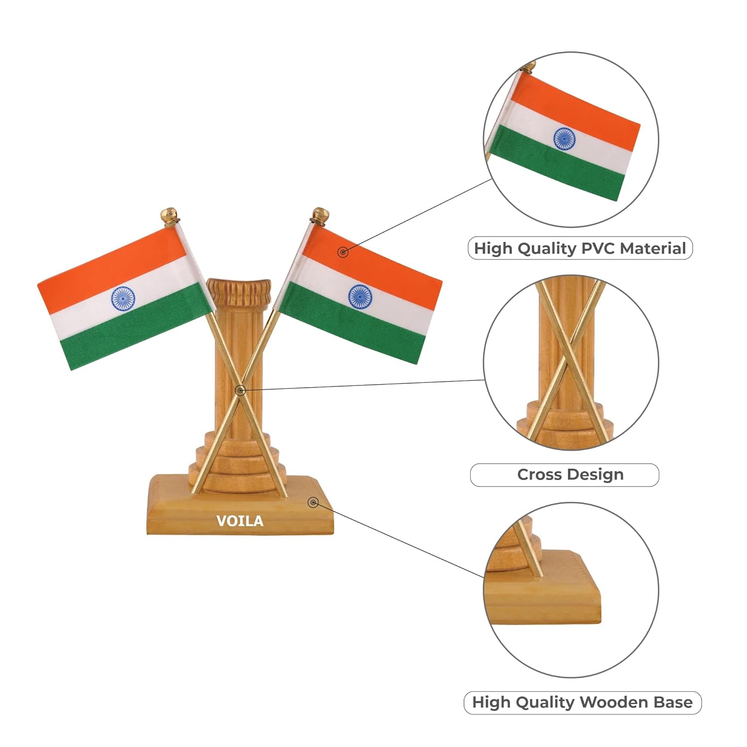 VOILA Unique Design Wooden Carved Pillar with Cross Design Flags for Home, Office and Car Dashboard