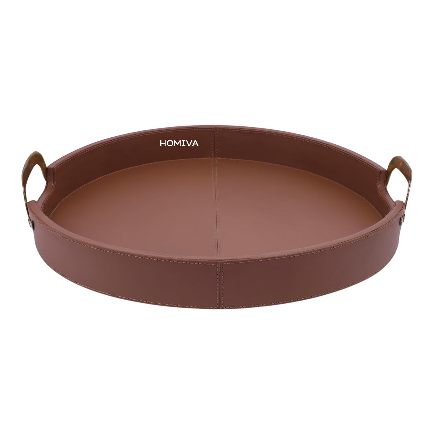 HOMIVA Round Leatherette Serving Tray with Brass Handles - Brown