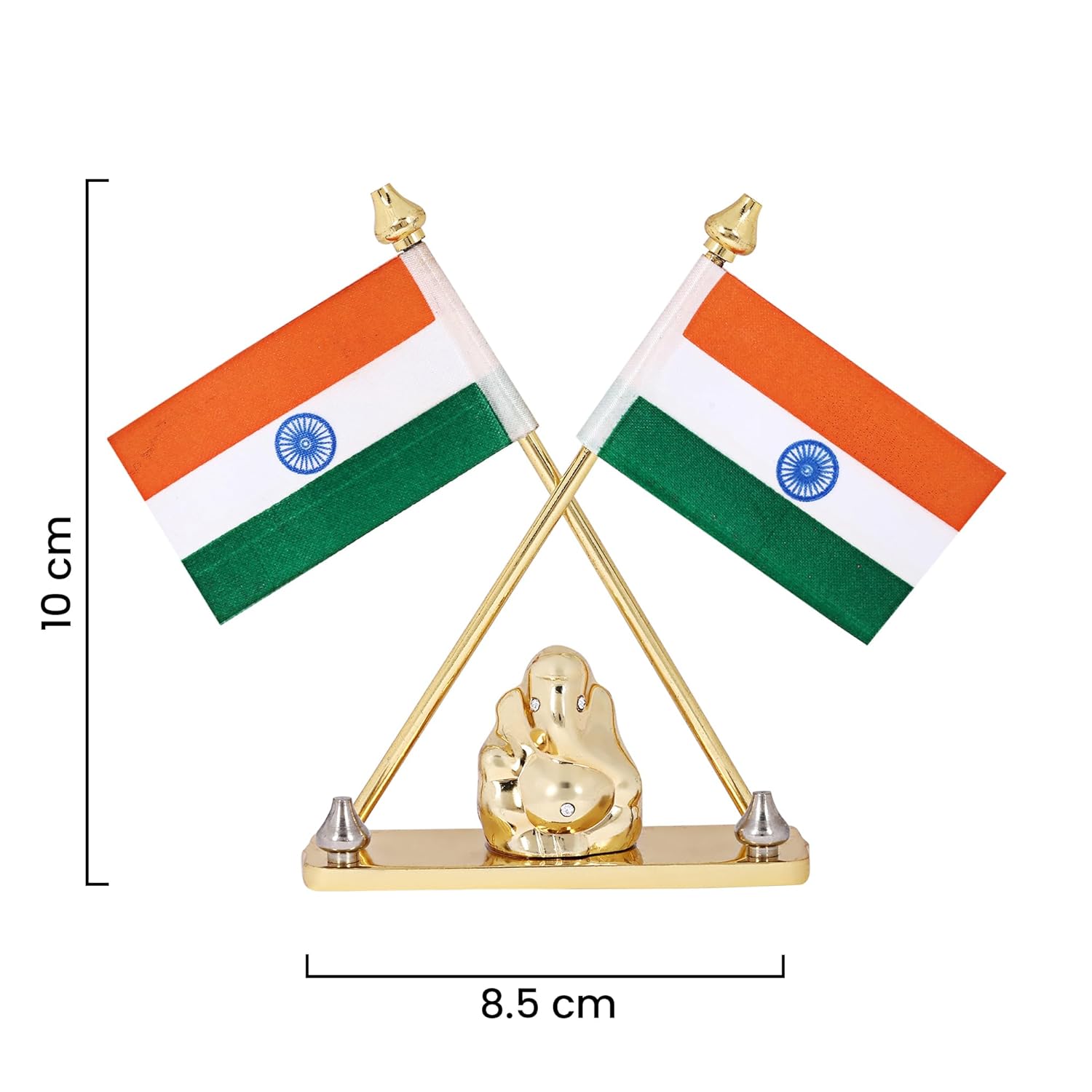 VOILA Indian Flag for Vehicle (Auto, Car, Bus, Truck) Dashboard & Office Gift Purpose Flag with Lord Ganesha Idol in Brass Metal Stand