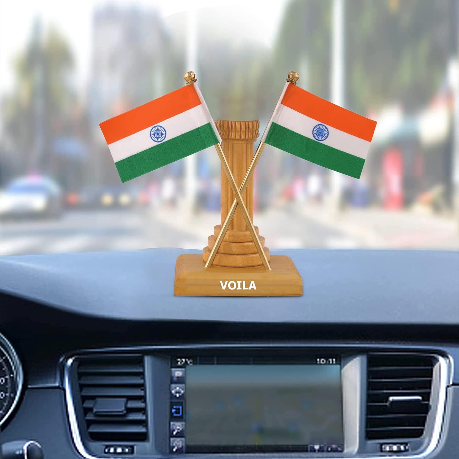 VOILA Unique Design Wooden Carved Pillar with Cross Design Flags for Home, Office and Car Dashboard