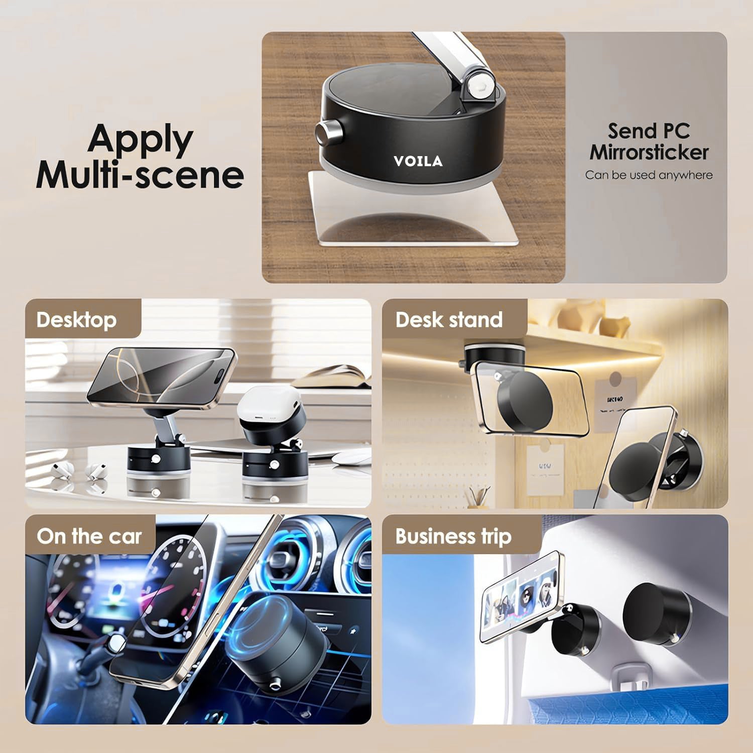 VOILA Magnetic Car Phone Holder with Strong Vacuum Suction, 360° Rotating Dashboard Mount, Shockproof Folding Double-Sided Stand for Car, Office, Gym & Table – Black