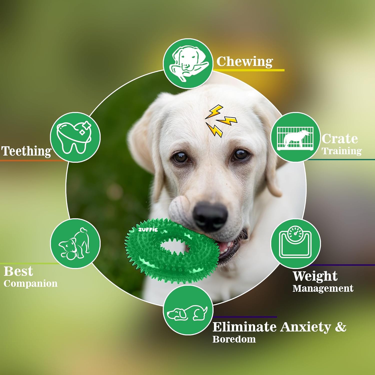 ZUFFIE Dog Spiky Ring Toy - Durable & Bouncy Rubber Chew Toy - Dark Green