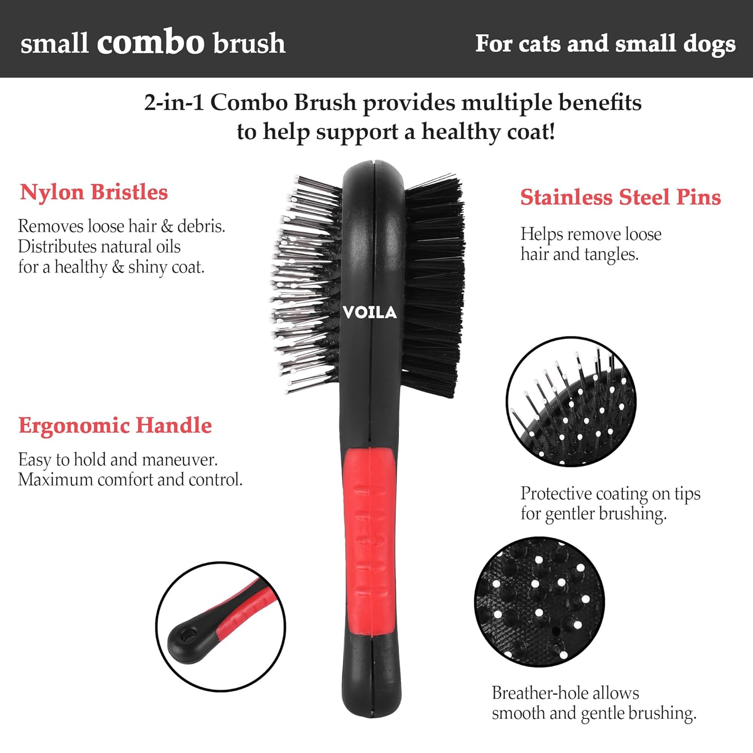 ZUFFIE Pet Brush for Dogs & Cats. Grooming Brush for Pets - Black & Red