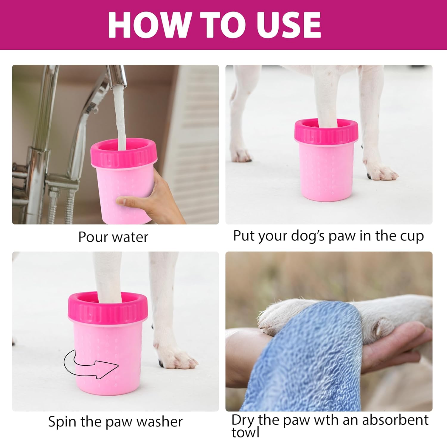 ZUFFIE Dog Paw Cleaner Cup, Portable Pet Paw Washer with Silicone Bristles (Pack of 2) - Pink