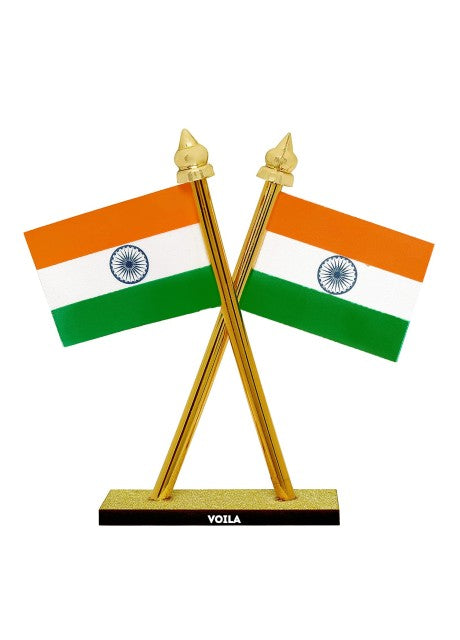 VOILA Indian Flag for Car Dashboard, Home & Office Table Flag Cross Design with Stand