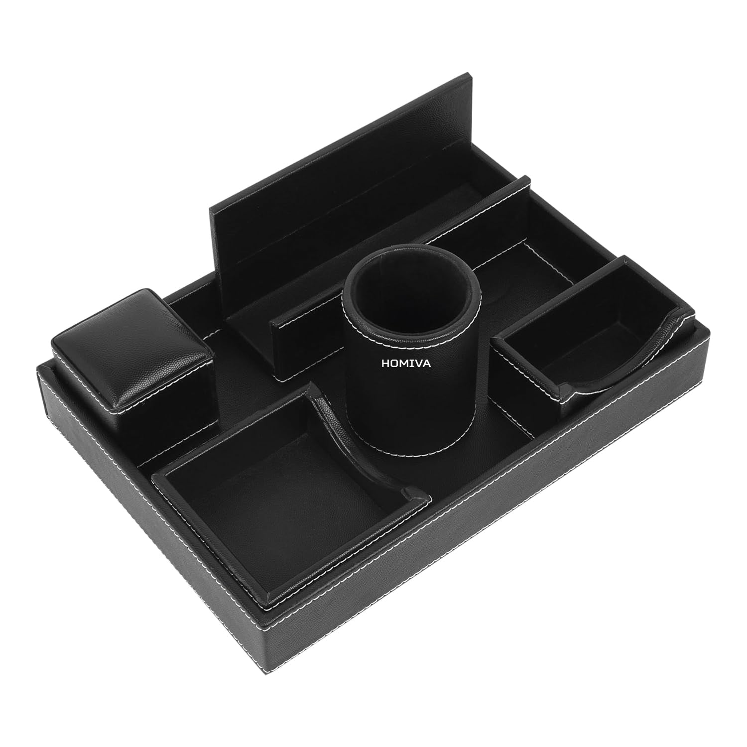 HOMIVA Round Leatherette Tray with 6-Piece Organizer Set – Elegant Serving & Organizing for Home, Office, and Dining Tables