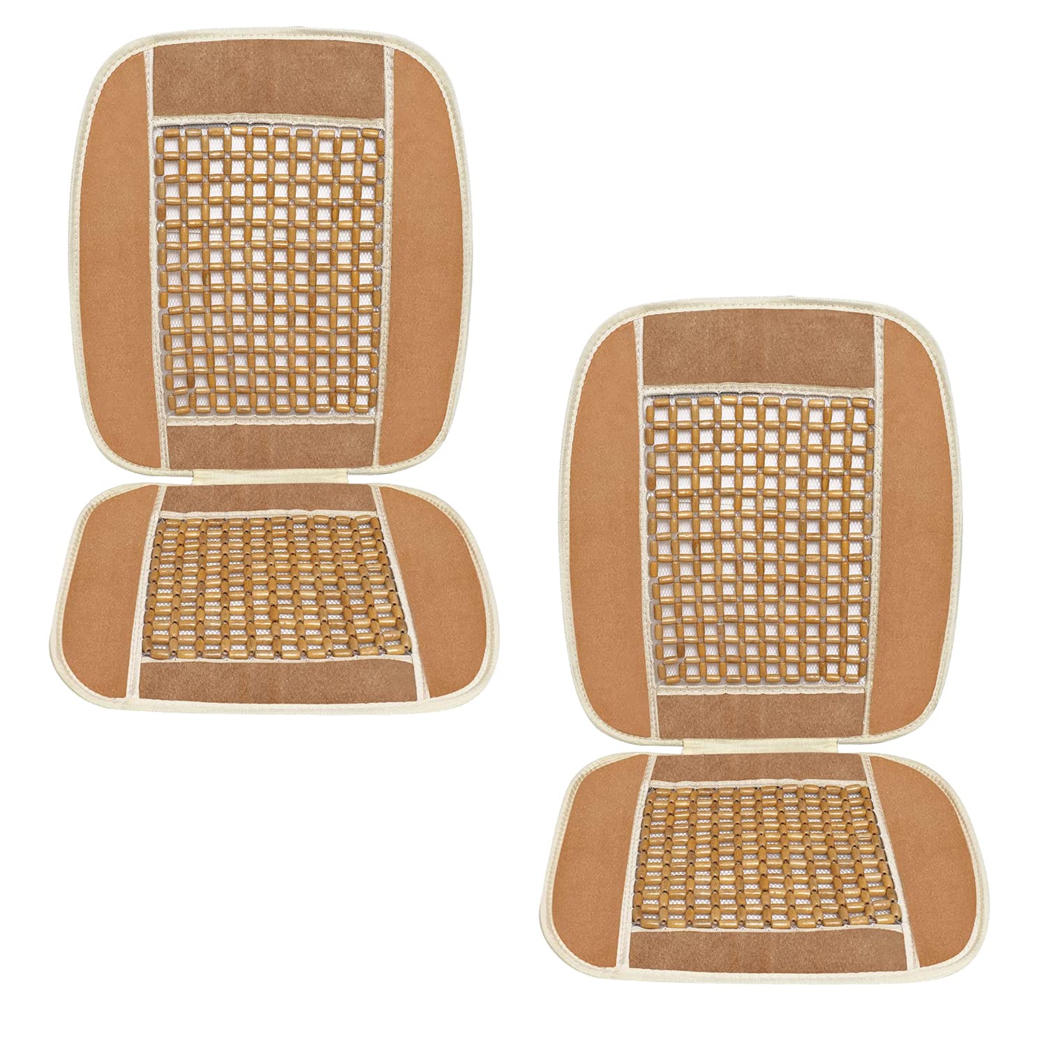 VOILA Wooden Beads Beige Velvet Seat Covers/Cushions for Cars, Chairs etc (Pack of 2)