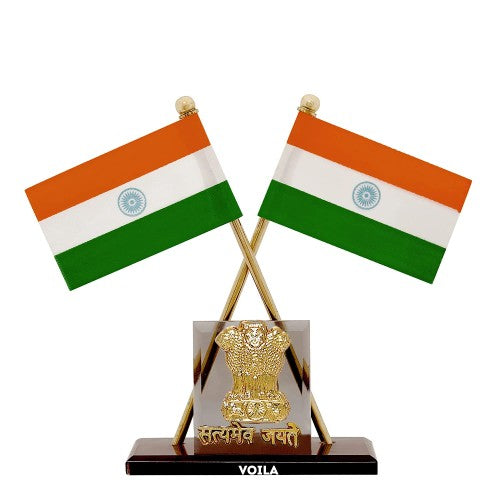 VOILA Indian Flag with Brown Satyamev Jayate Symbol for Vehicle (Car, Bus, Auto, Truck) Dashboard, Home and Office Table etc.