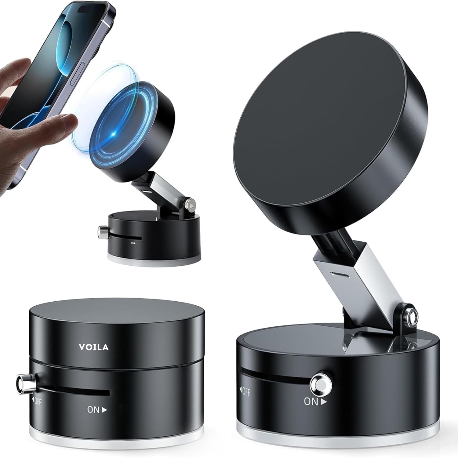 VOILA Magnetic Car Phone Holder with Strong Vacuum Suction, 360° Rotating Dashboard Mount, Shockproof Folding Double-Sided Stand for Car, Office, Gym & Table – Black