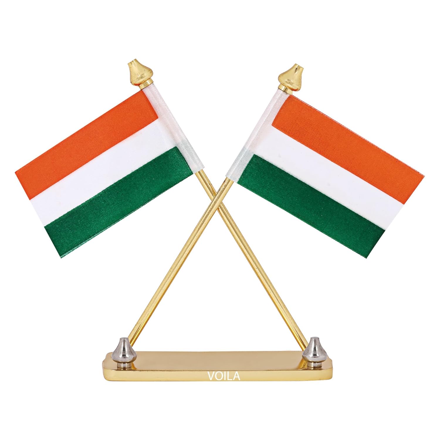 VOILA Indian Flag on Brass Pipes with Rectangular Metal Base Stand, Premium Car Dashboard & Office Decor