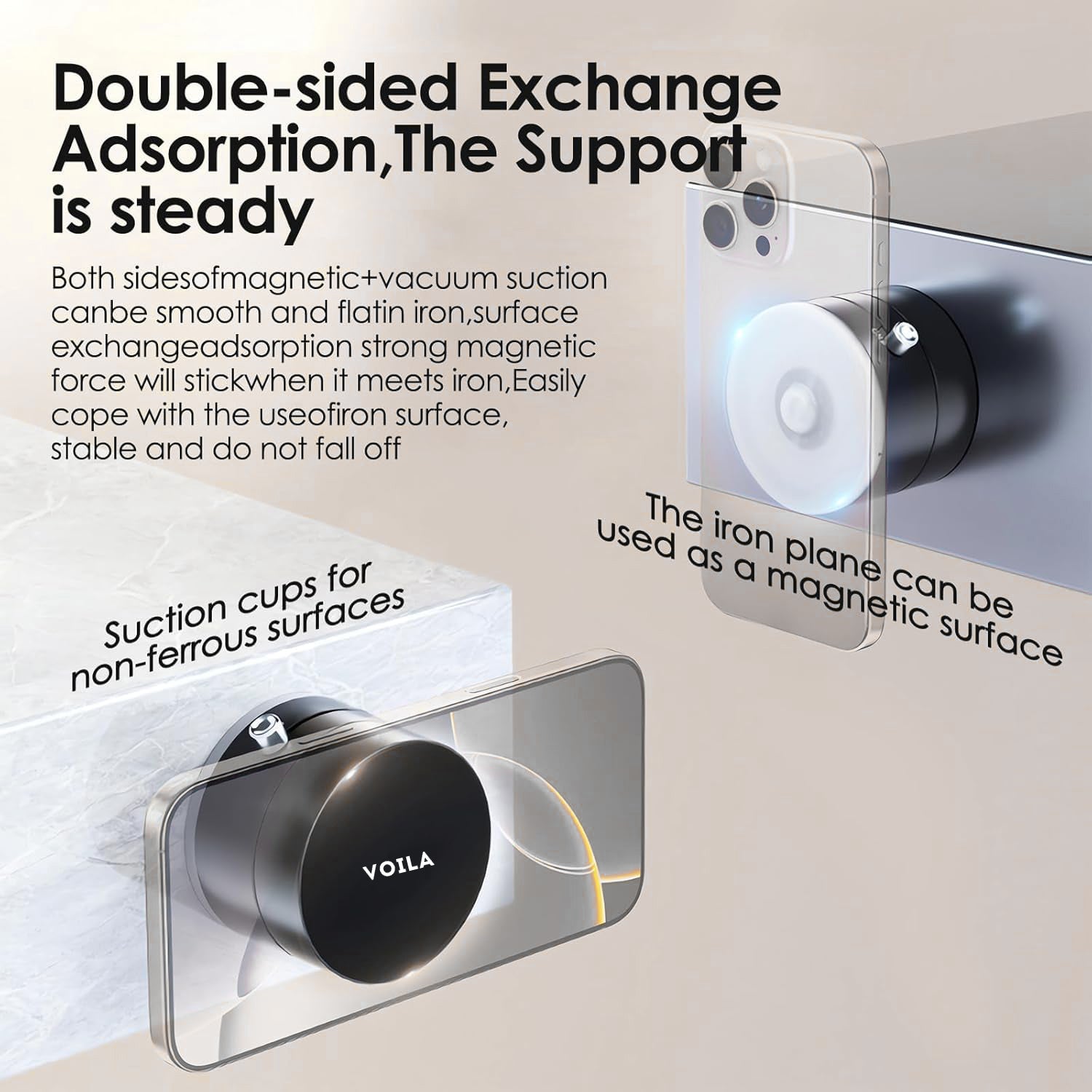 VOILA Magnetic Car Phone Holder with Strong Vacuum Suction, 360° Rotating Dashboard Mount, Shockproof Folding Double-Sided Stand for Car, Office, Gym & Table – Black