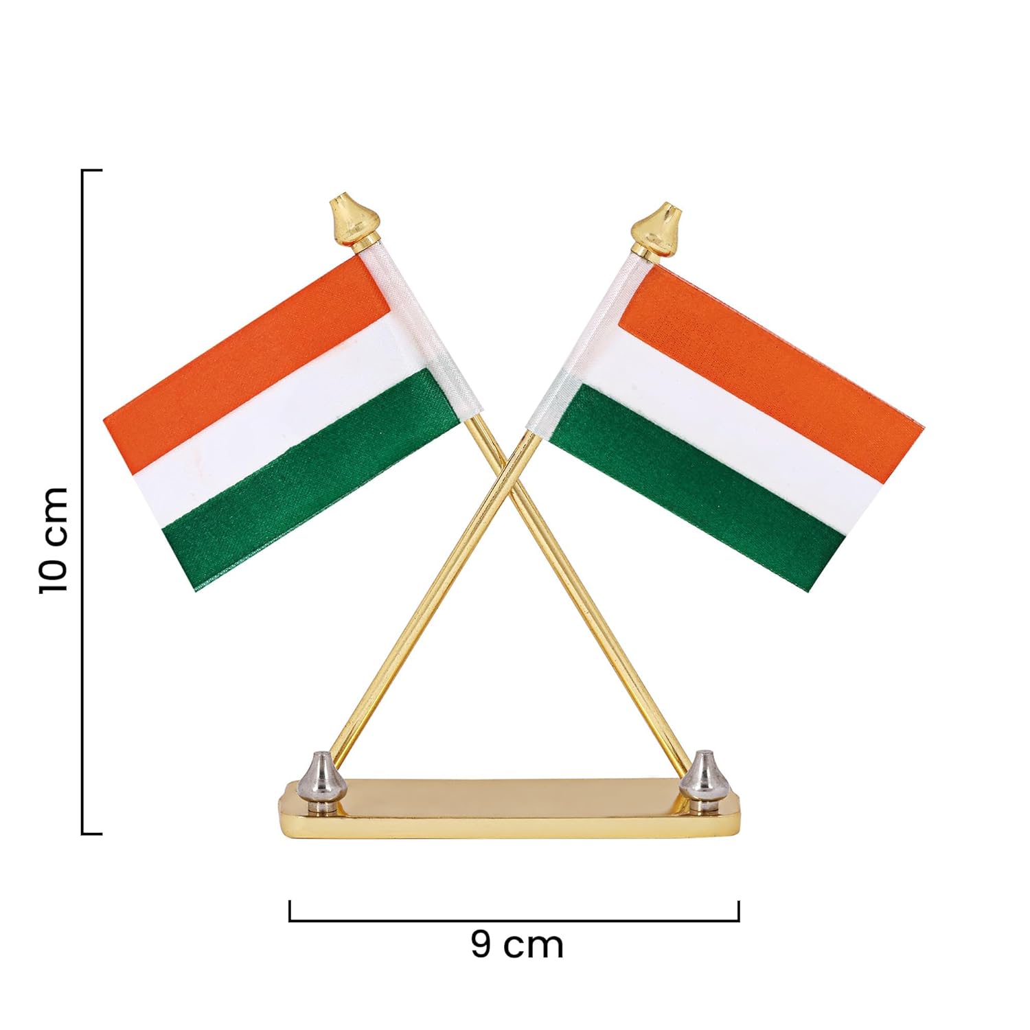 VOILA Indian Flag on Brass Pipes with Rectangular Metal Base Stand, Premium Car Dashboard & Office Decor