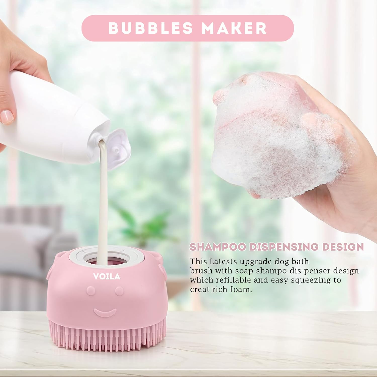 ZUFFIE Dog Shampoo Dispenser & Brush, 2 in 1 Wash and Massage Tool for Dogs - Pink