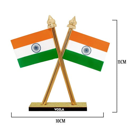 VOILA Indian Flag for Car Dashboard, Home & Office Table Flag Cross Design with Stand