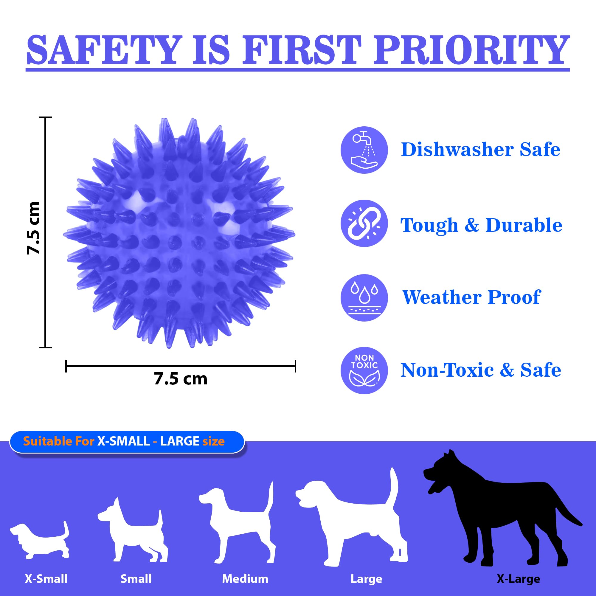 ZUFFIE Spiky Dog Toy Ball Interactive, Durable, Safe Chew Toy - Blue