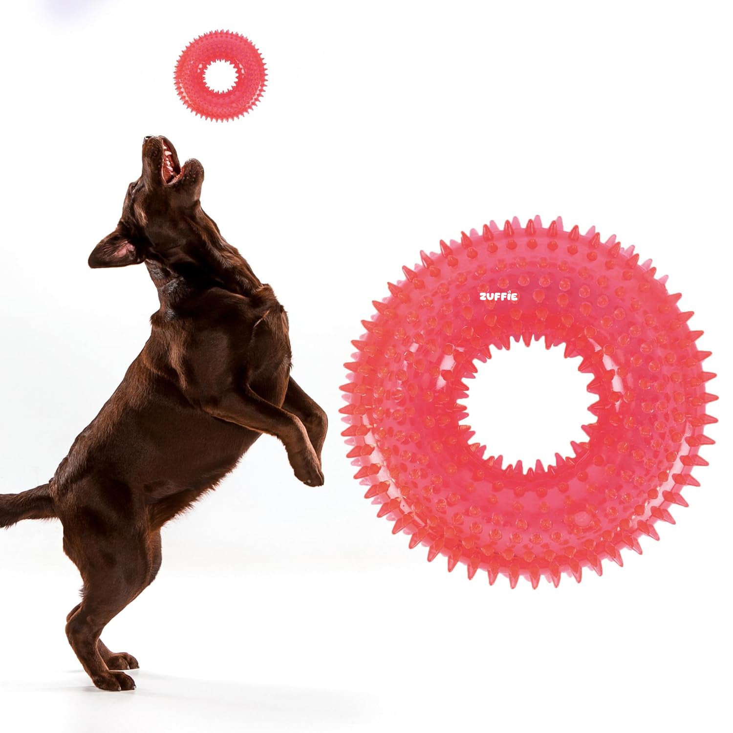 ZUFFIE Dog Spiky Ring Toy - Durable & Bouncy Rubber Chew Toy - Red