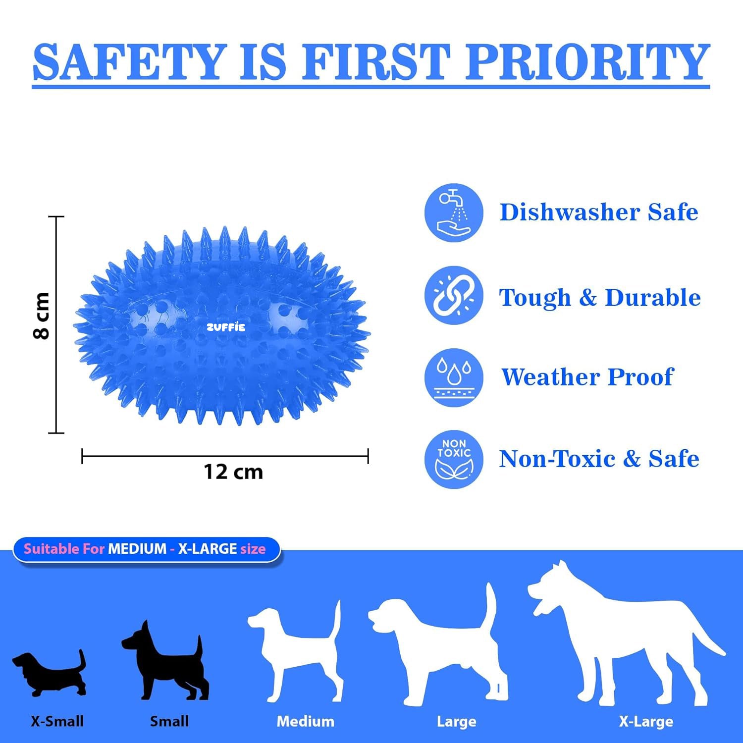 ZUFFIE Spiky Rubber Dog Toy - Durable & Chew-Resistant Fetch Toy for Medium to Extra Large Dogs - Blue